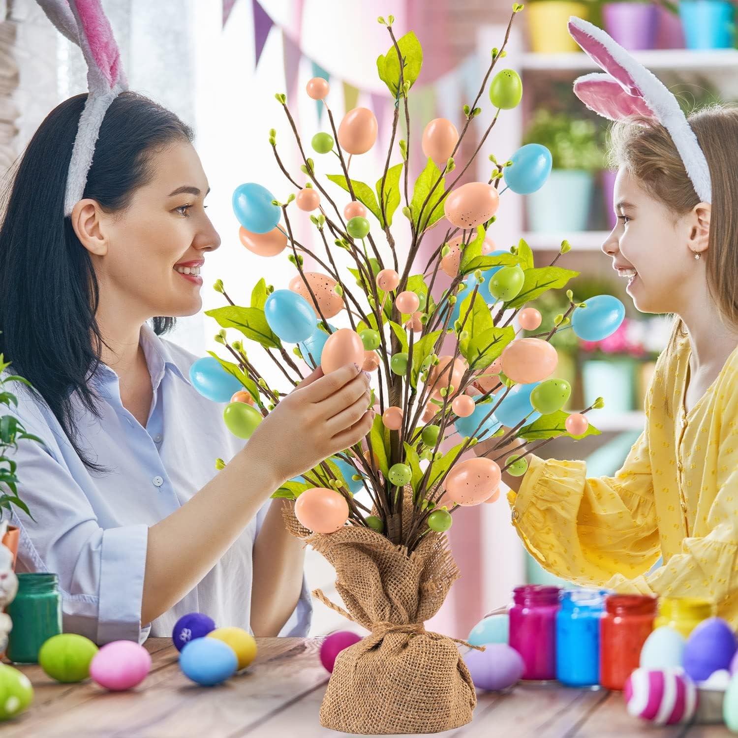 Easter Egg Table Tree Decor 18 Inch Pearl Tree With Hanging String Lights