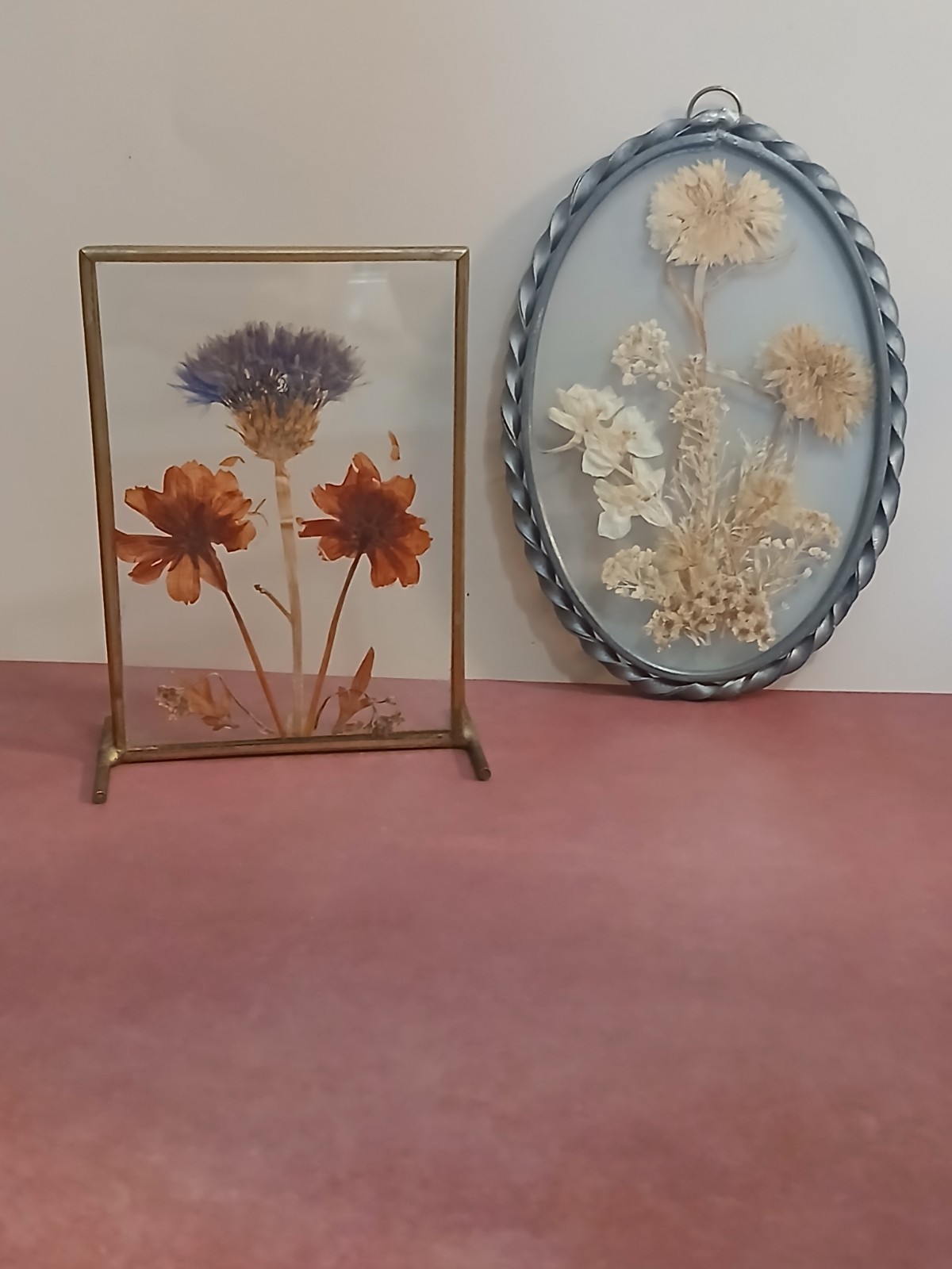 Two Vintage Pressed Floral Pieces-Brass & Aluminum Frames