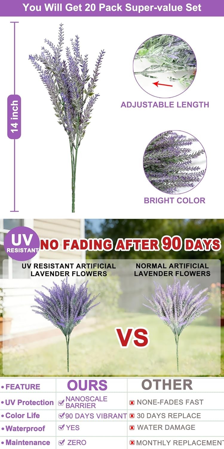 20 Bundles Artificial Lavender Flowers for Outdoors Summer Decor,UV Resistant