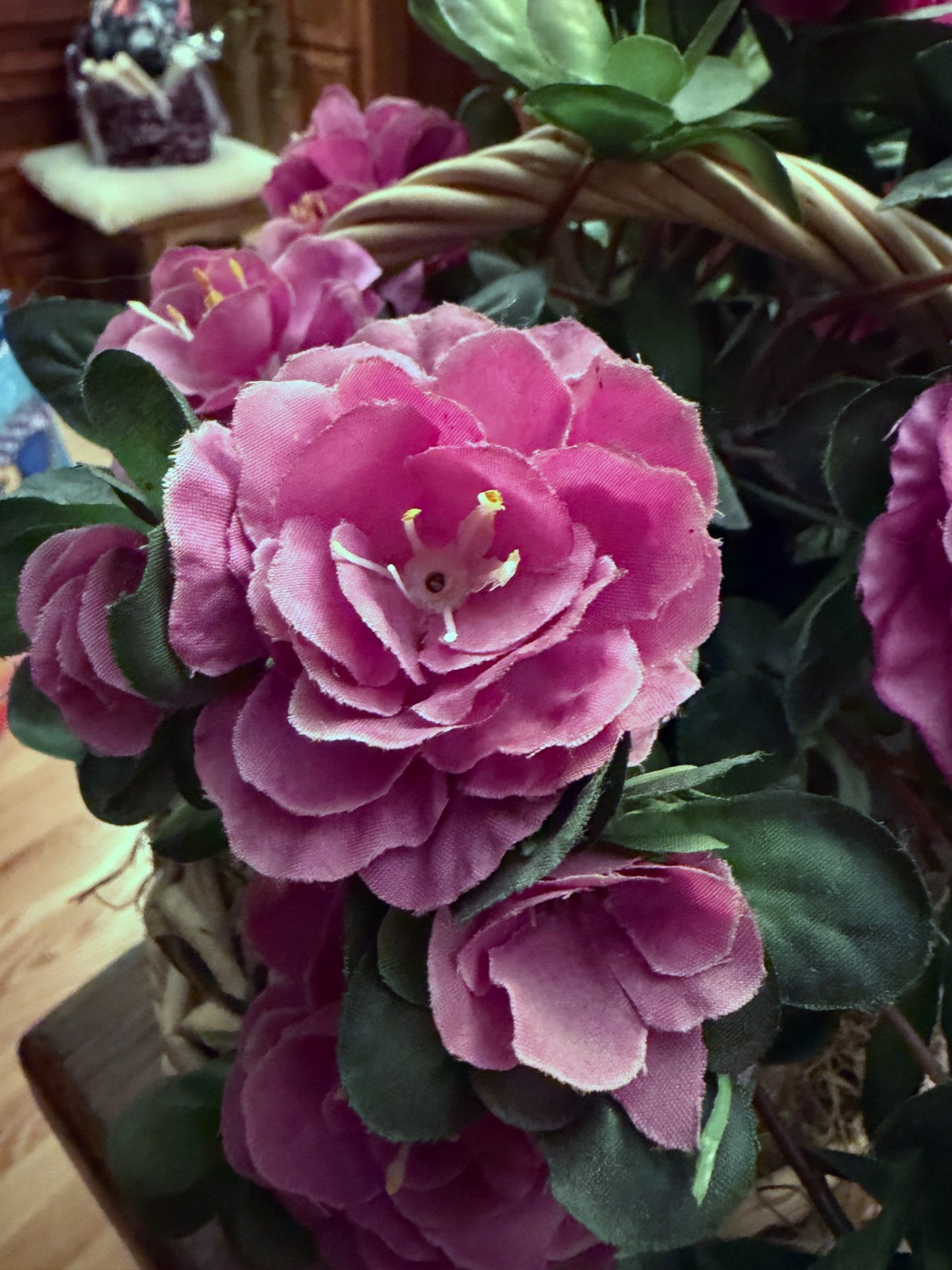 Camellia Artificial Flower Arrangement In Wicker Basket VTG 80s Centerpiece 13”h
