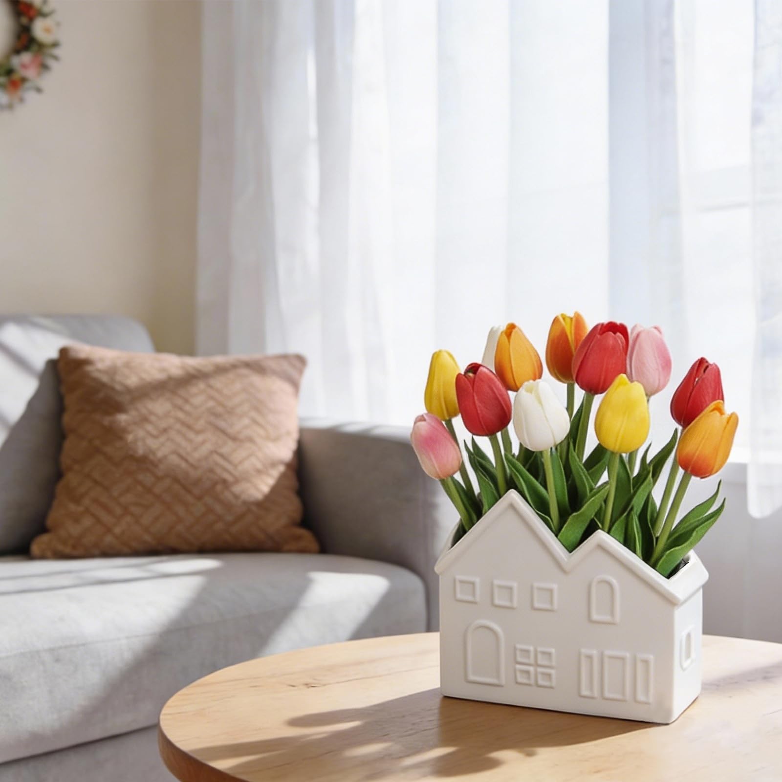 Artificial Tulips Flowers in Ceramic Pot, Real Touch Fake Tulips PU Flower Ar…