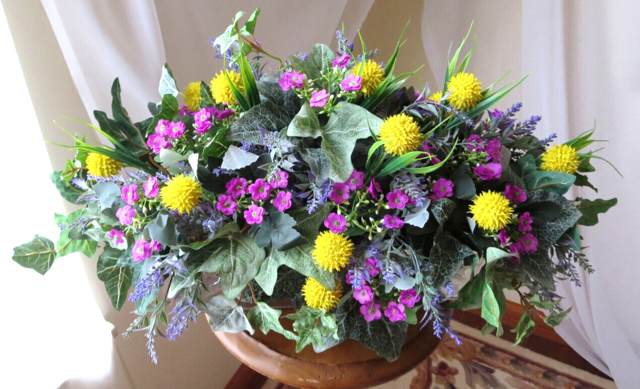 SPRING ARRANGEMENT ARTIFICIAL SILK/PLASTIC FLOWERS IN IRON CONTAINER 22″x14″ NEW