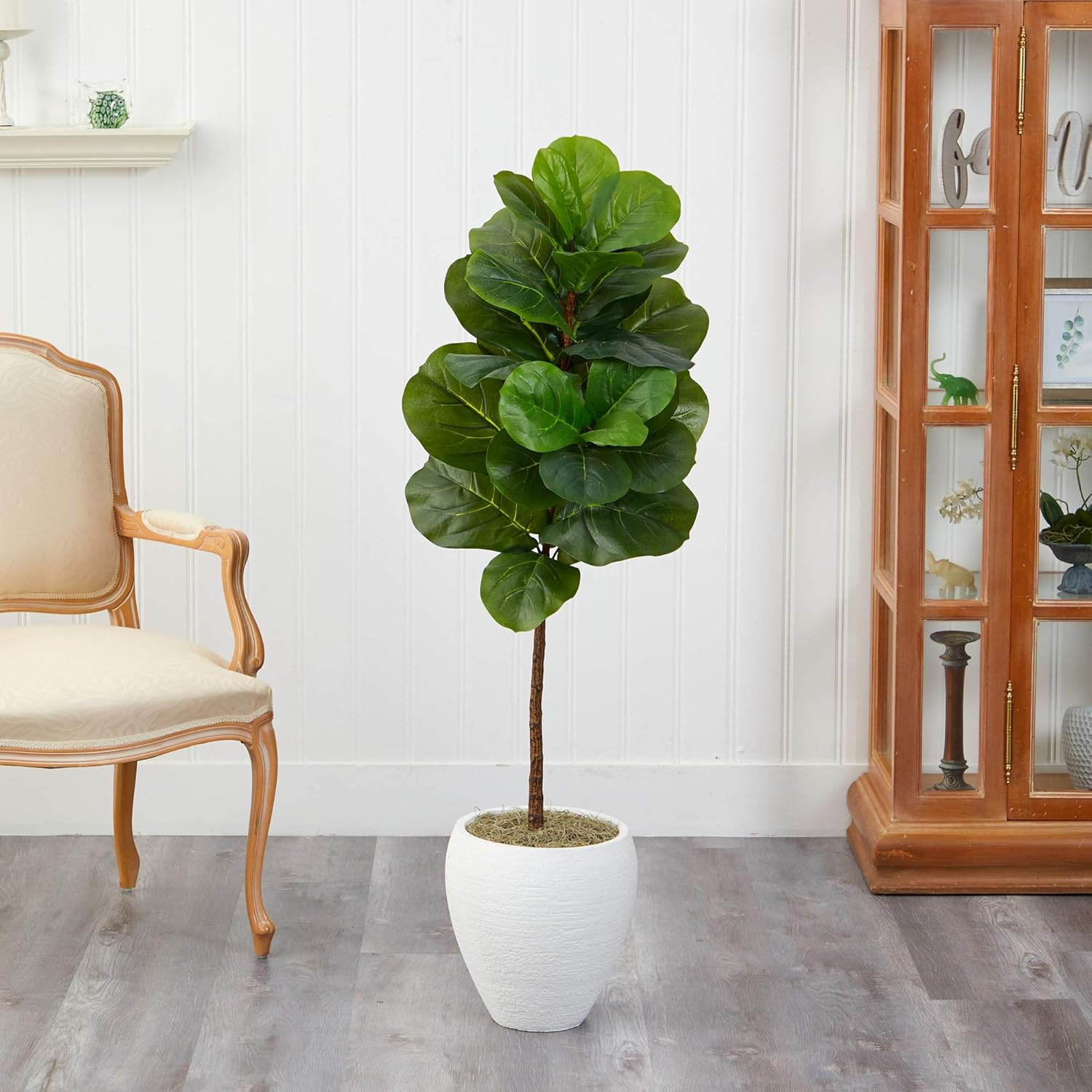 52″ Fiddle Leaf Artificial Tree in Modern White Planter – Lifelike Decor