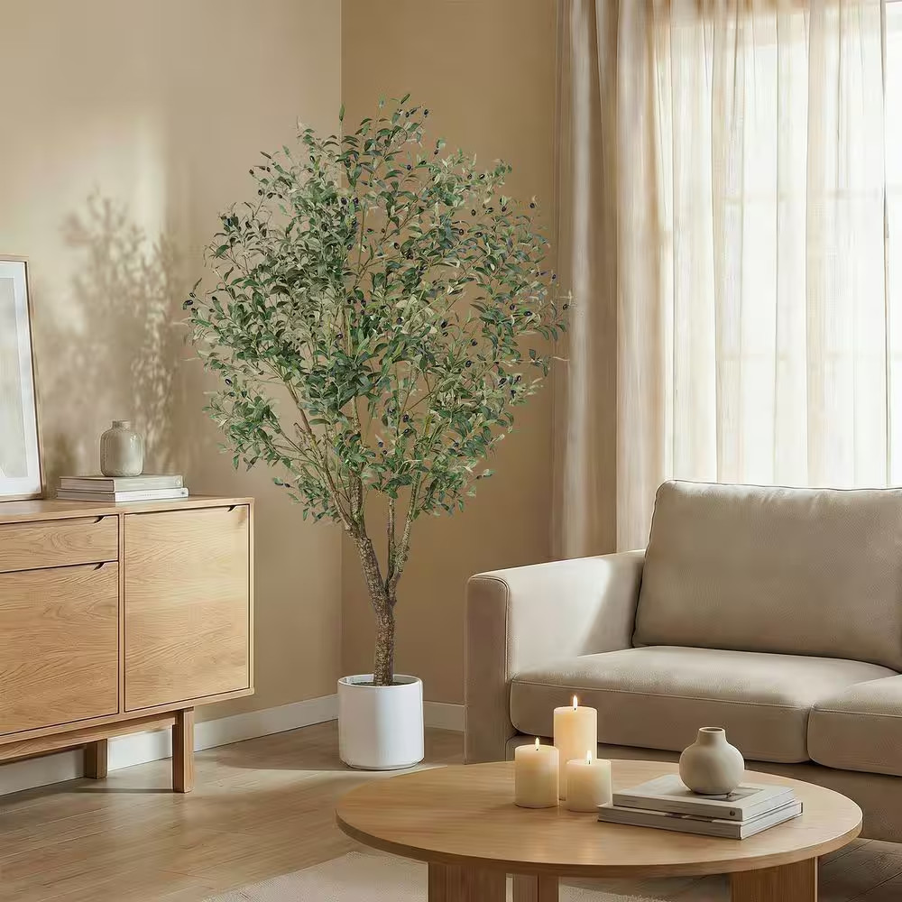 7 Ft. Artificial Olive Tree with Realistic Trunk, Faux Leaves and Fruits, White