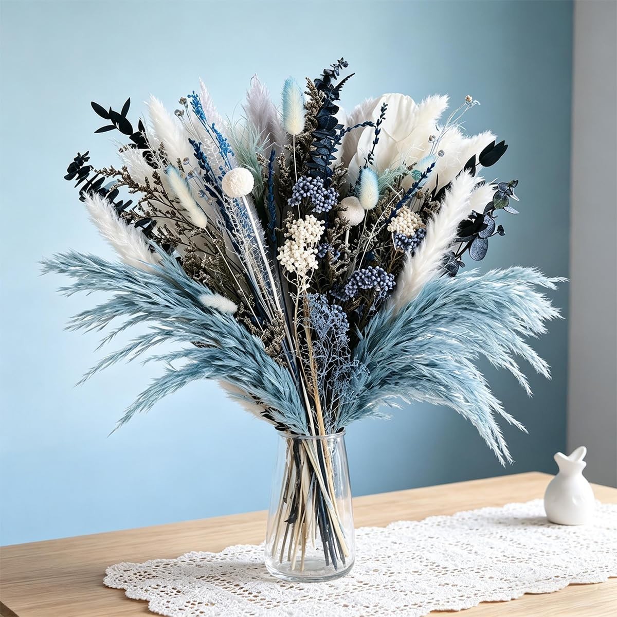 Dusty Blue Pampas Grass Arrangement, Blue and White Dried Flower Bouquet with…
