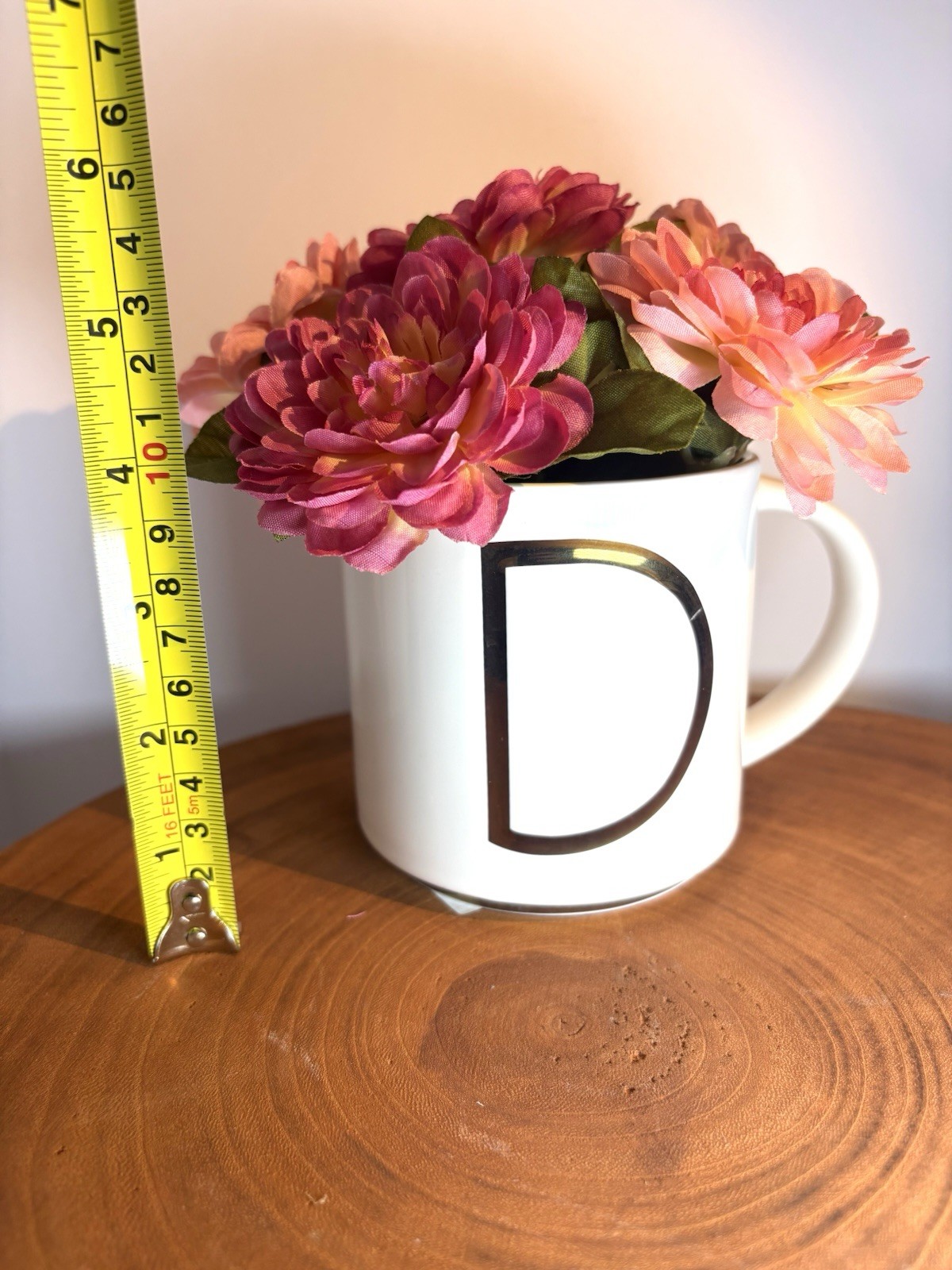 Faux Floral Mug Arrangement Ceramic Vase D-initial Gold Tone Trim Home Decor