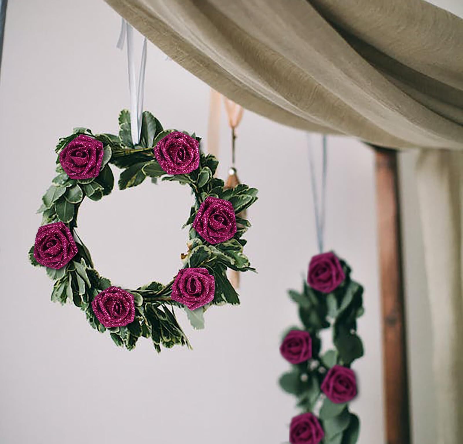25-Piece Glitter Roses Deep Pink Foam with Stems for Wedding Party Decor