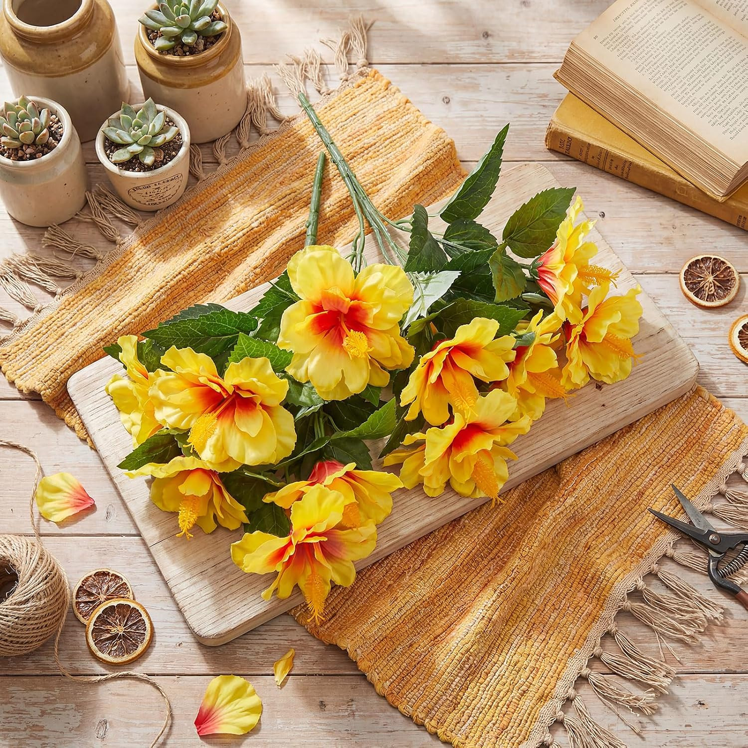 12 Bundles UV Resistant Yellow Artificial Hibiscus Flowers for Outdoor Decor
