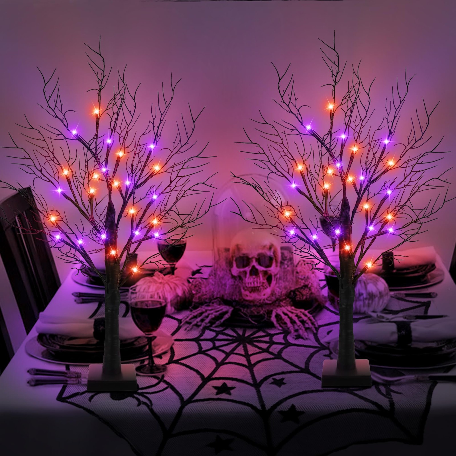 Halloween Decorations 2 Pack 24 Inch Halloween Tree 24 Orange & Purple Lights