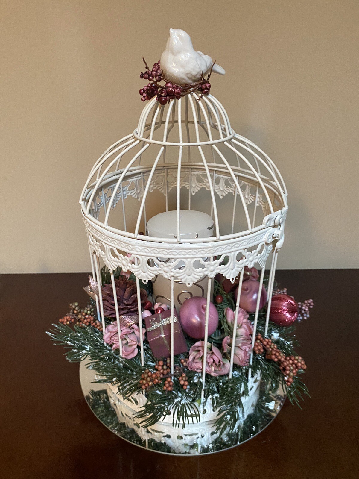 Vintage Christmas Birdcage with Pink Highlights & Pillar Candle