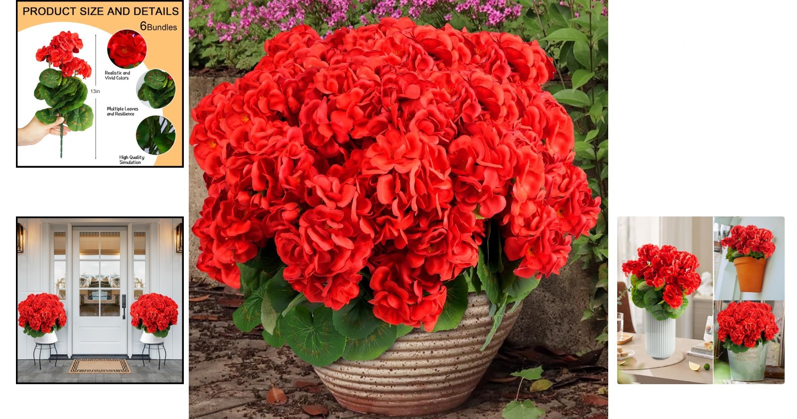 Artificial Flowers for Outdoors, 6 Bundles Realistic Silk Fake Red Geraniums, No