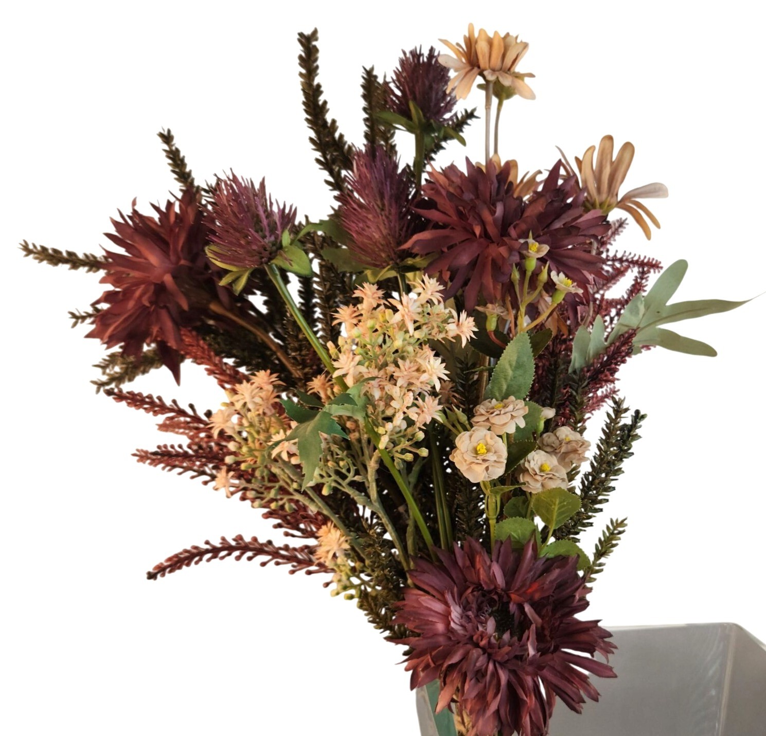 Hand Tied Artificial Flower Bouquet With Burgundy Purple Cream and Green Tones