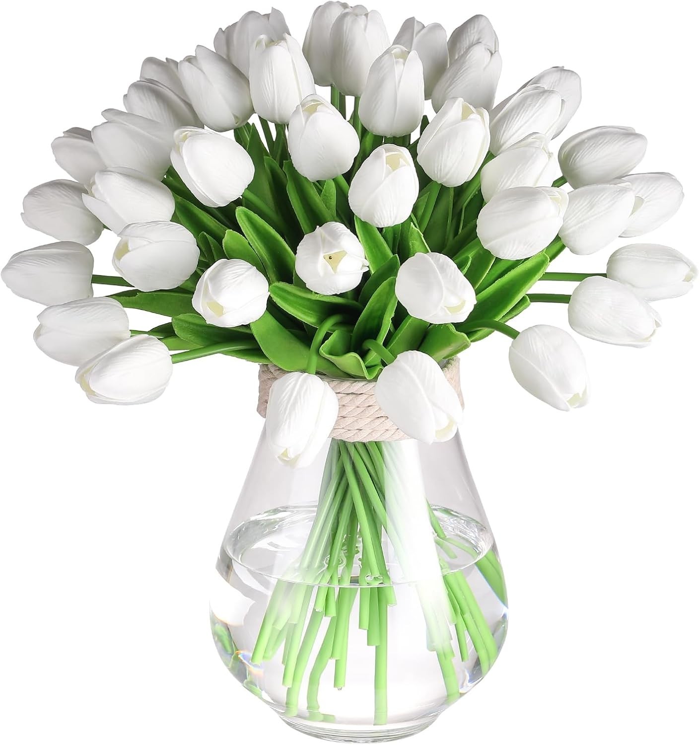 30 Pcs Artificial Tulips PU Faux Flowers, White Real Touch Fake Tulips for Va…