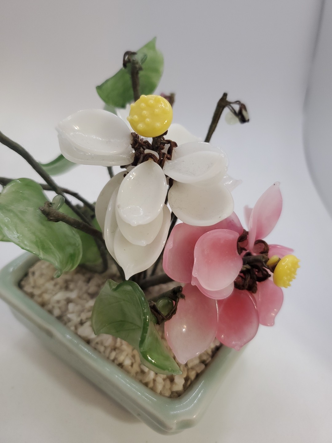 Vintage Glass & Jade Pink Flower Arrangement ~ Set Of 2