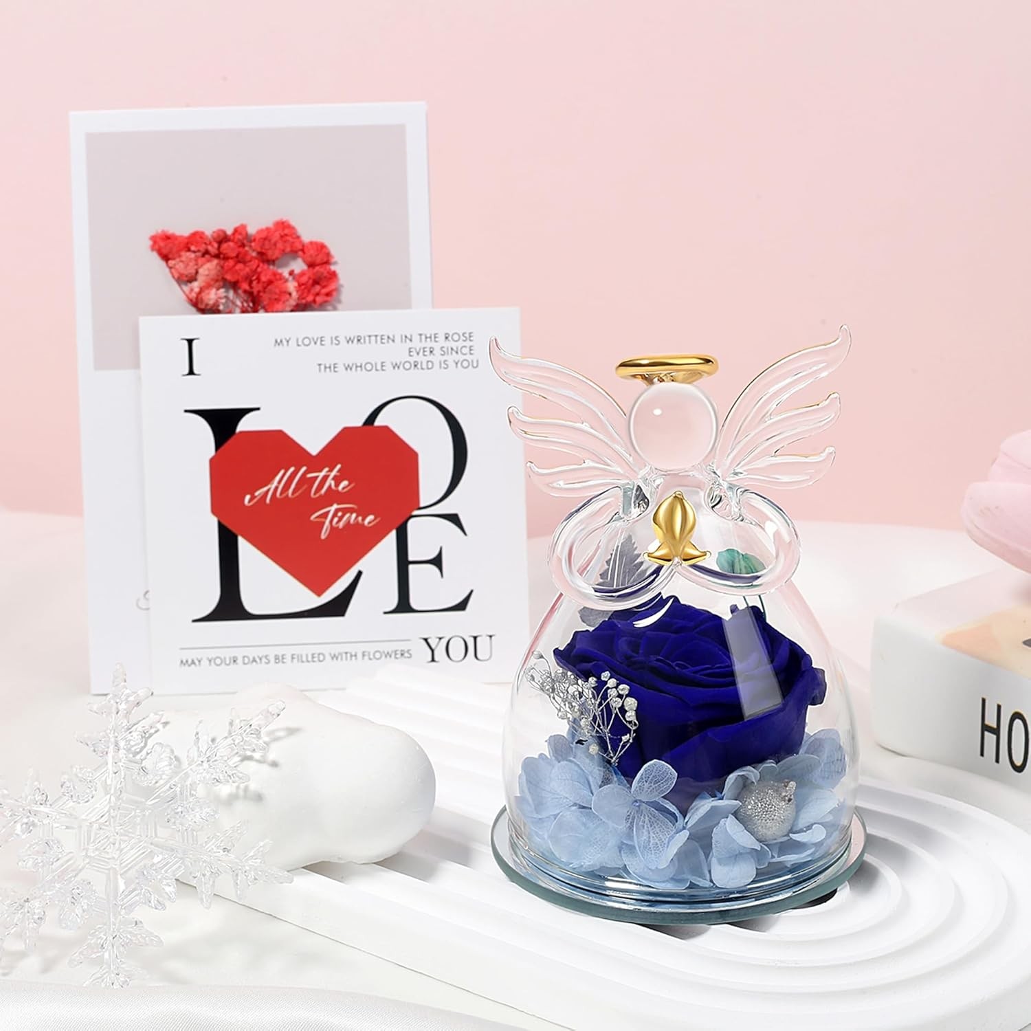 Blue Valentines Day Rose Gifts for Her, Preserved Rose in Glass Dome Angel Figur