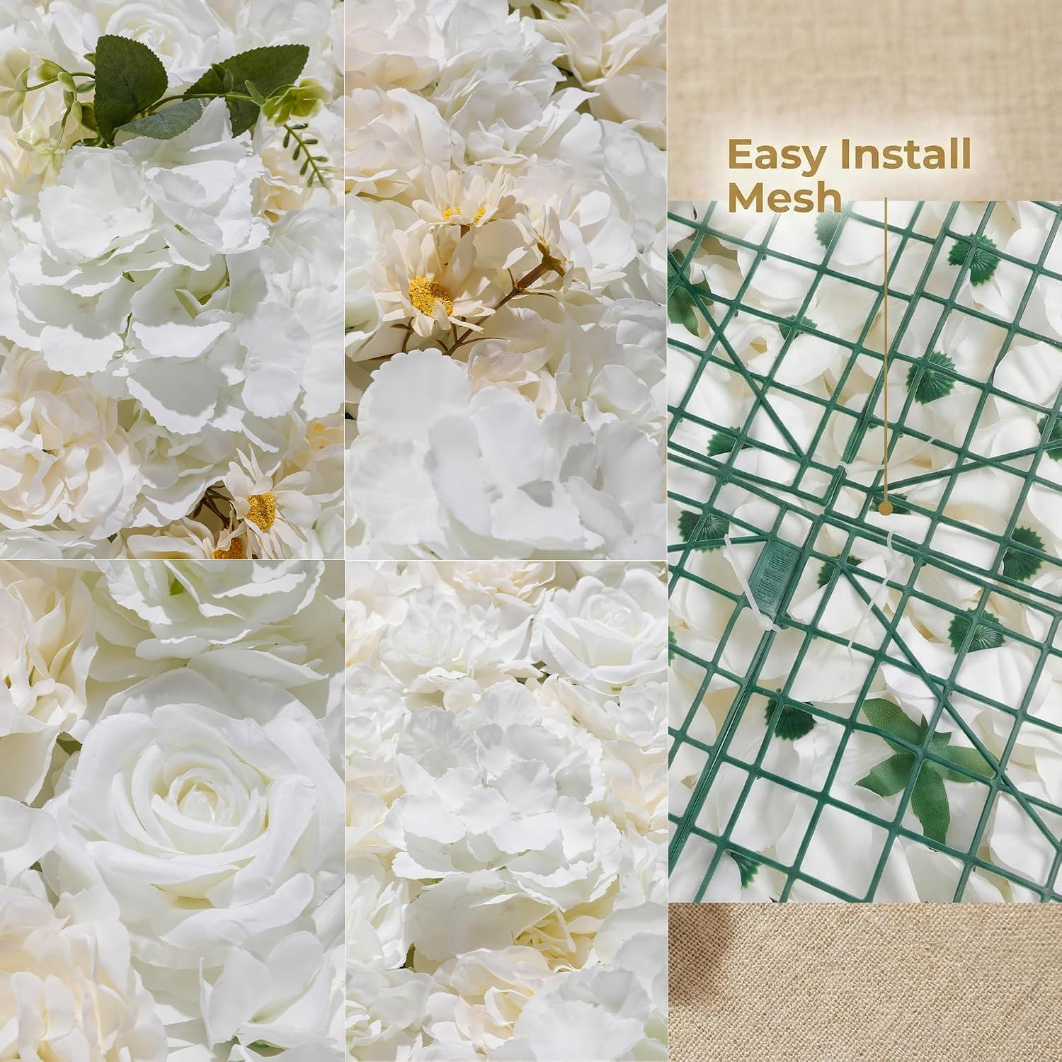 3D Flower Wall Backdrop – 6Pcs 16×24 Inch Artificial Rose Panels White Silk Flor