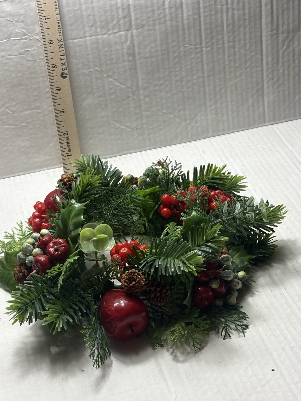 Christmas Candle Ring Wreath Faux Pine Apples Berries Centerpiece Decor