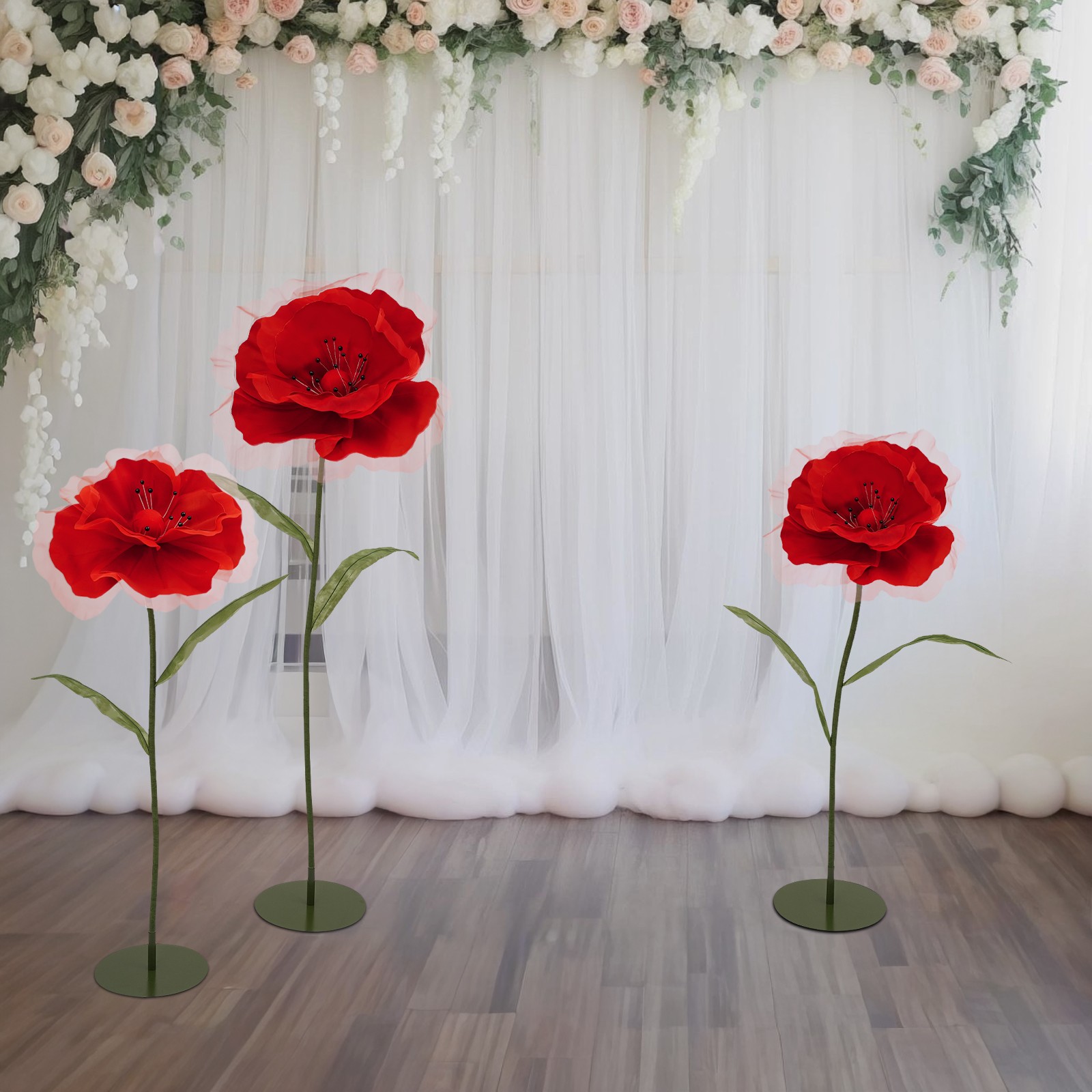 3pcs Artificial Flowers Adjustable Wedding Parties Flowers Background Decor Red