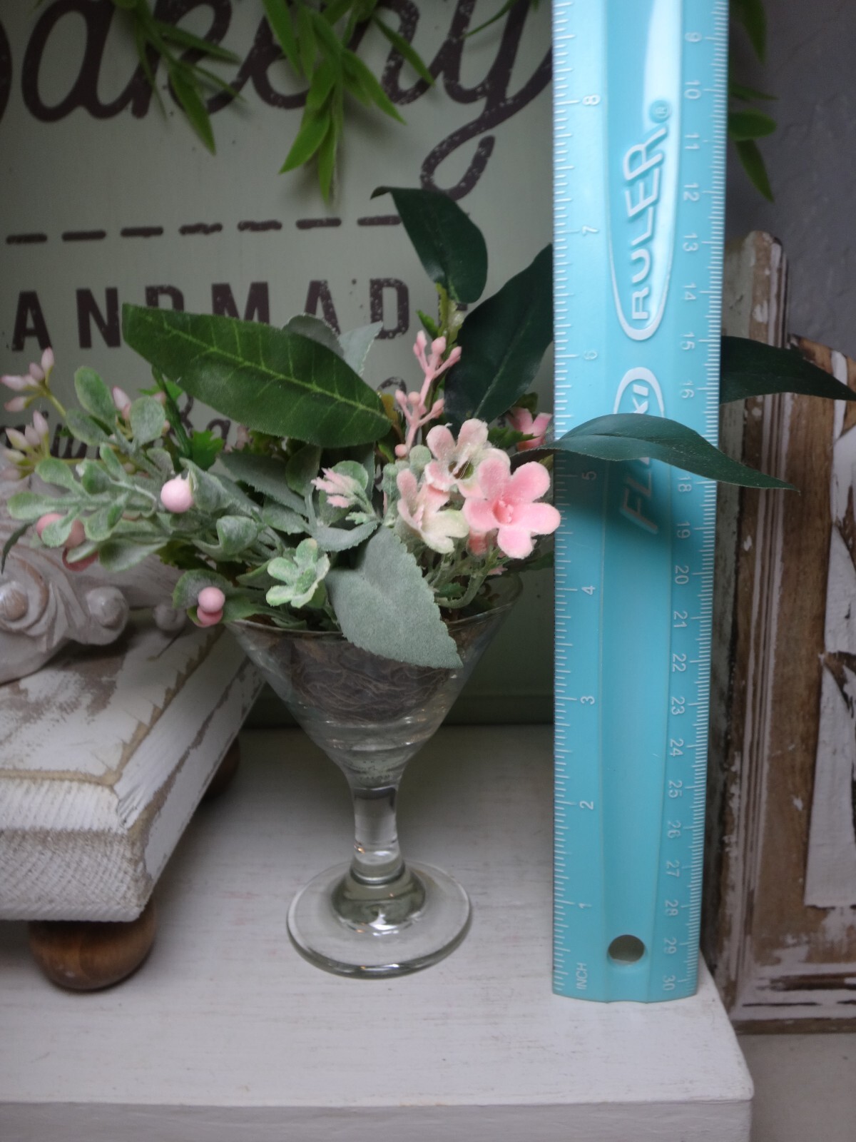 SMALL Floral arrangement centerpiece, tiered tray decor, in mini cocktail glass