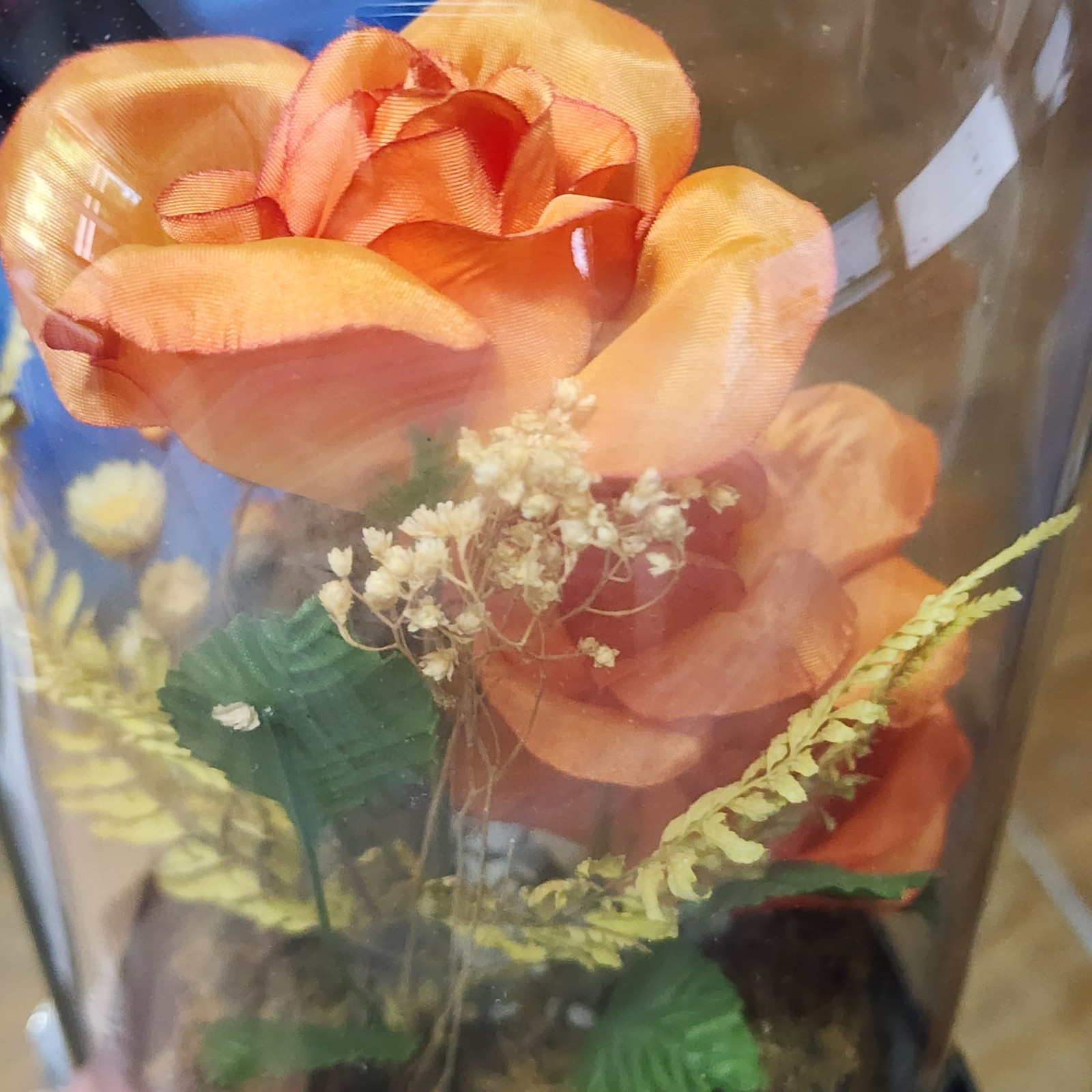 Vintage Glass Dome Floral Cloche with Butterfly Dried & Orange Faux Flowers