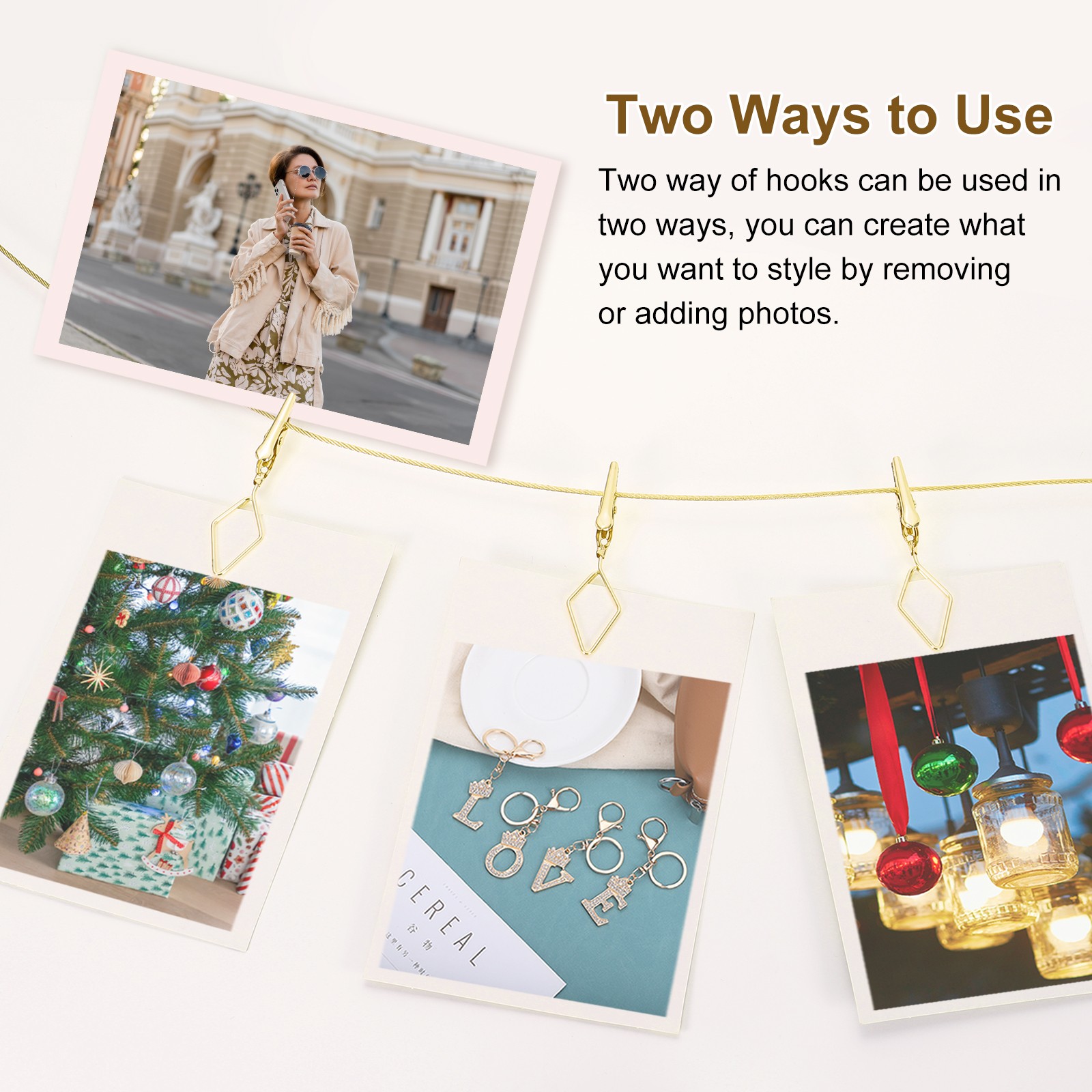 5Ft Wall Hanging Photo Display Cable Wire Rod with 10 Rhombus Clips, Gold