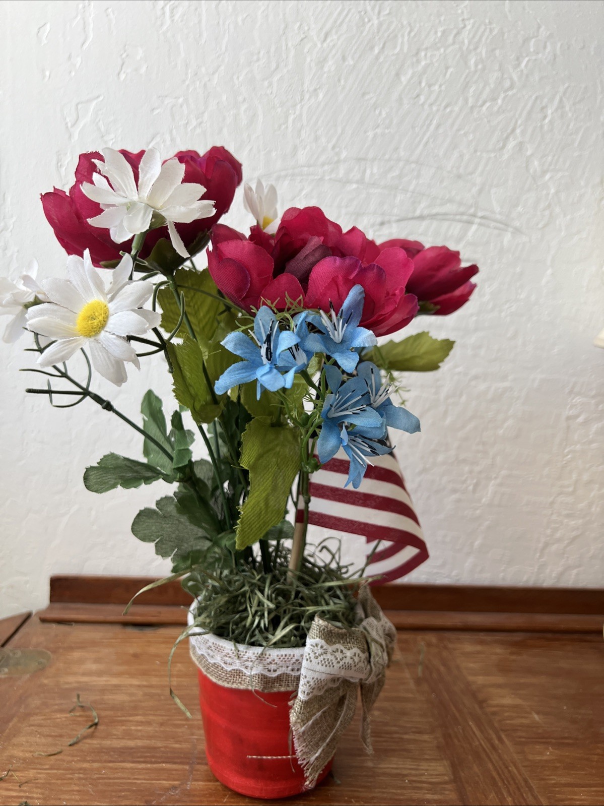 Artificial 13”x10” Flower Bouquet Table Arrangement Patriotic Red White Blue
