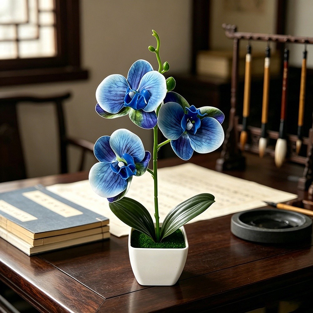 Artificial Phalaenopsis Orchid in White Square Pot for Home Office Decor