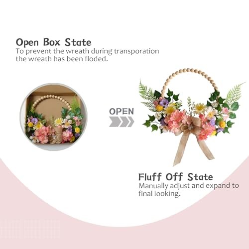 16 Inch Artificial Spring Wooden Bead Wreath with Flower Bow Summer Hydrangea