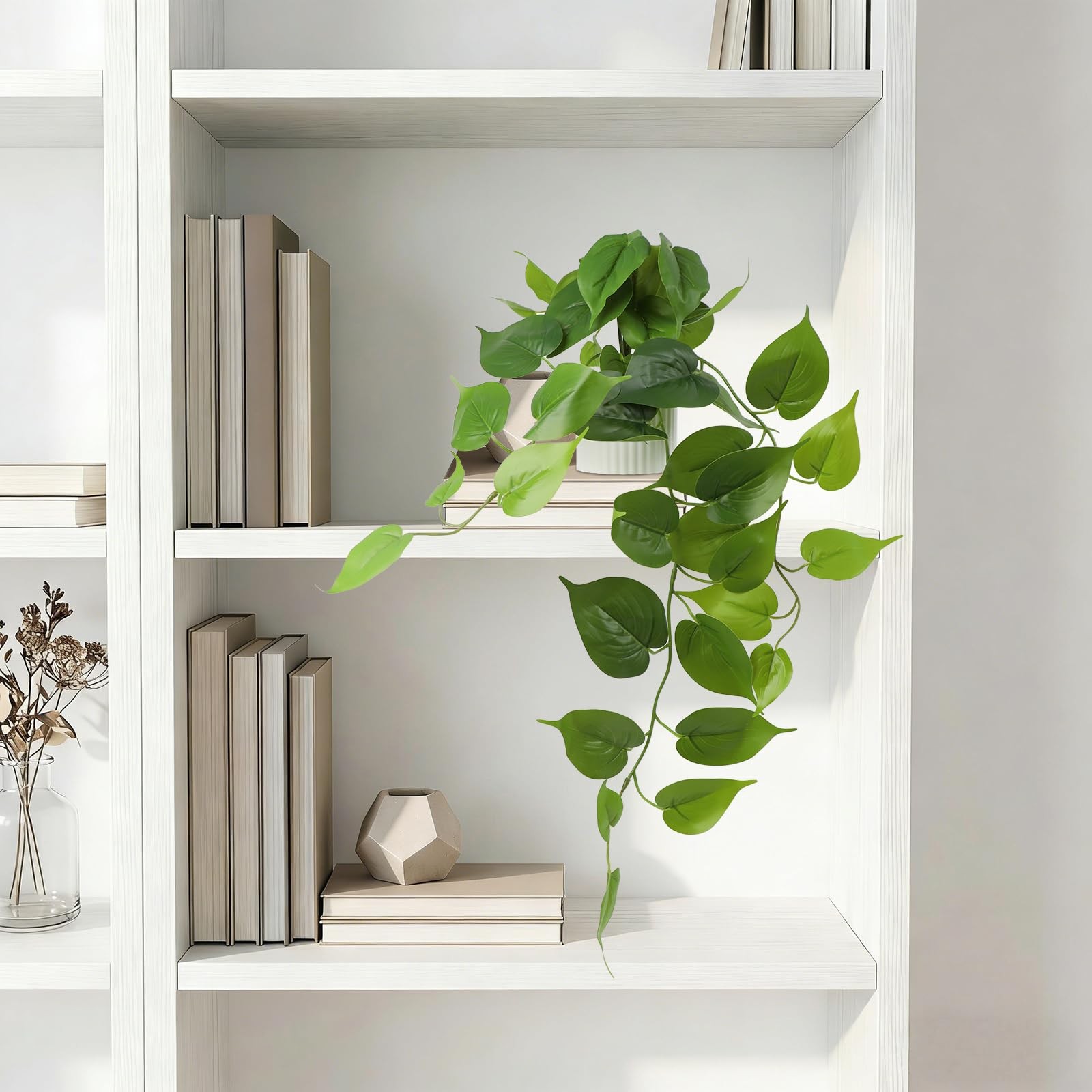 Fake Pothos Hanging Plant – Artificial Plastic Ivy Vines with White Pot, Real…