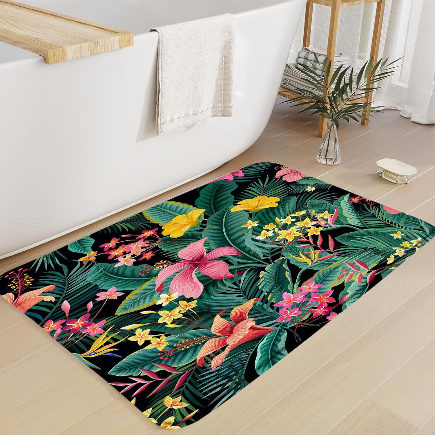 Tropical Leaves Flower Bath Mat Green Palm Banana Leaf Pink Floral Plant Botanic