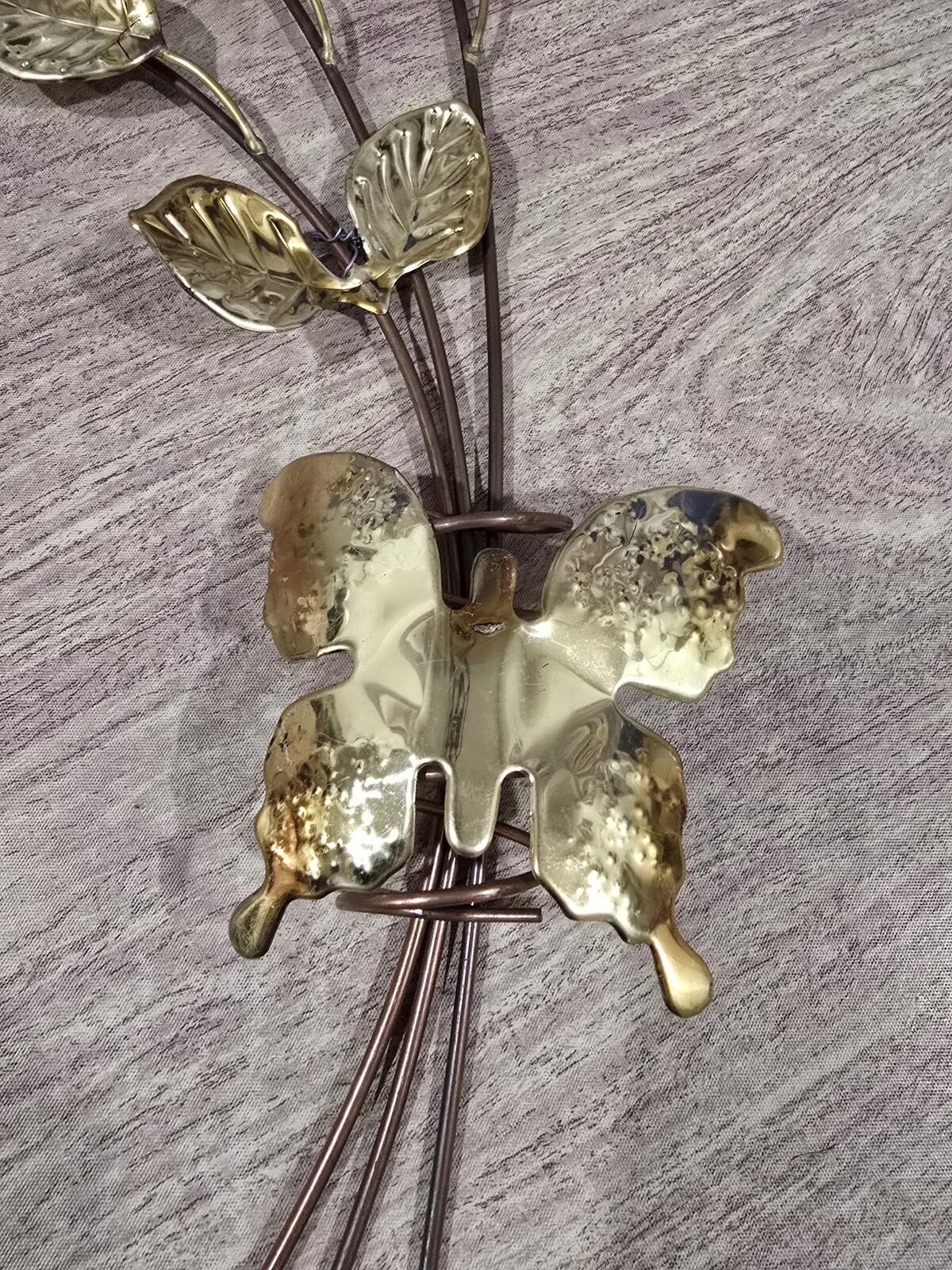 Vintage MCM Brass Rose Bouquet Wall Art with Butterfly Accent 19in Homeco 1970s