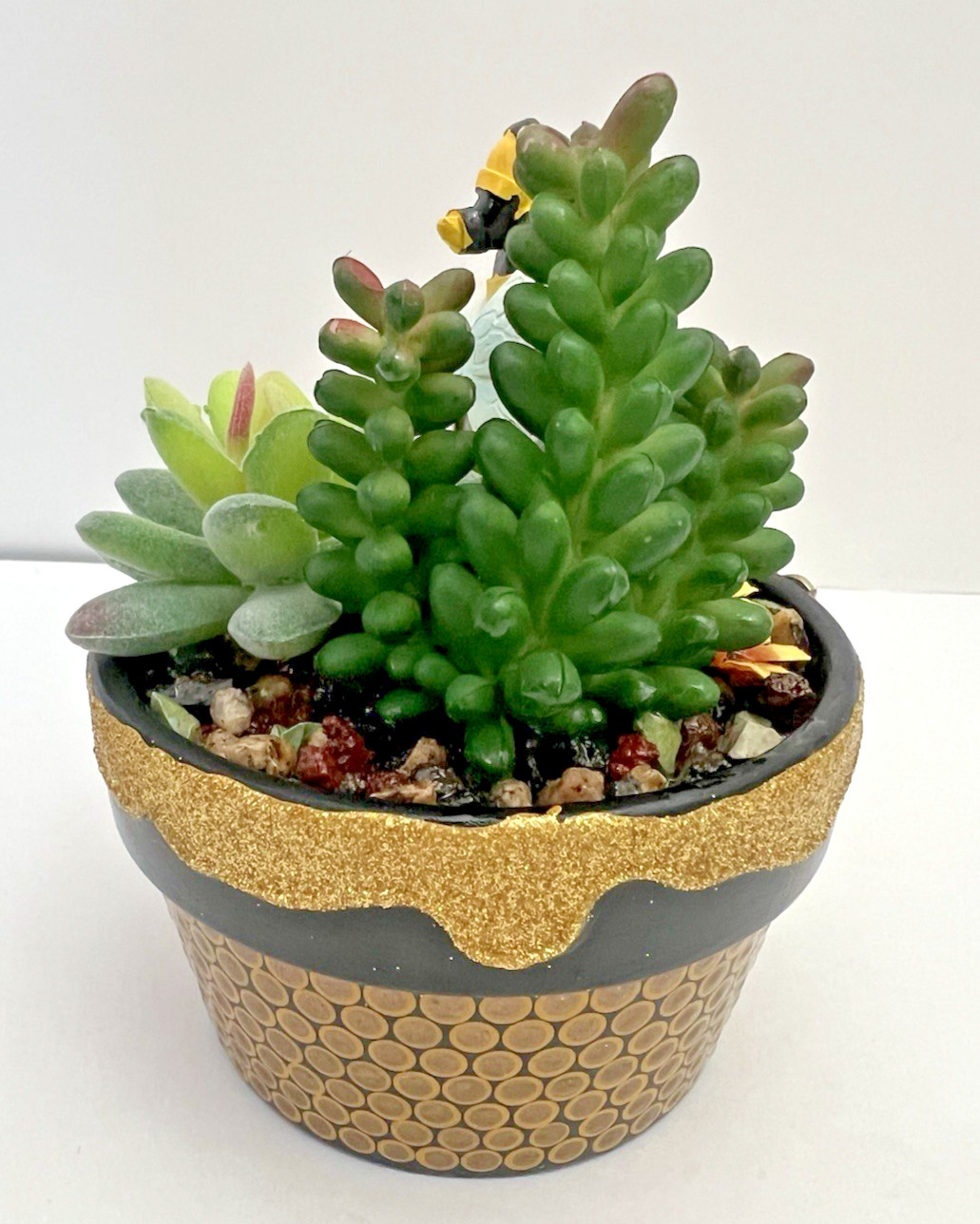 Handmade Gnome Planter Pot Fake Cactus Bumble Bee Theme Artificial Succulent