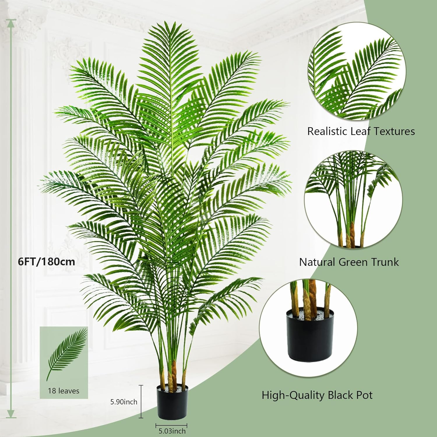 6FT Artificial Areca Palm Tree Faux Indoor Plant 18 Leaves Home Office Decor Pot