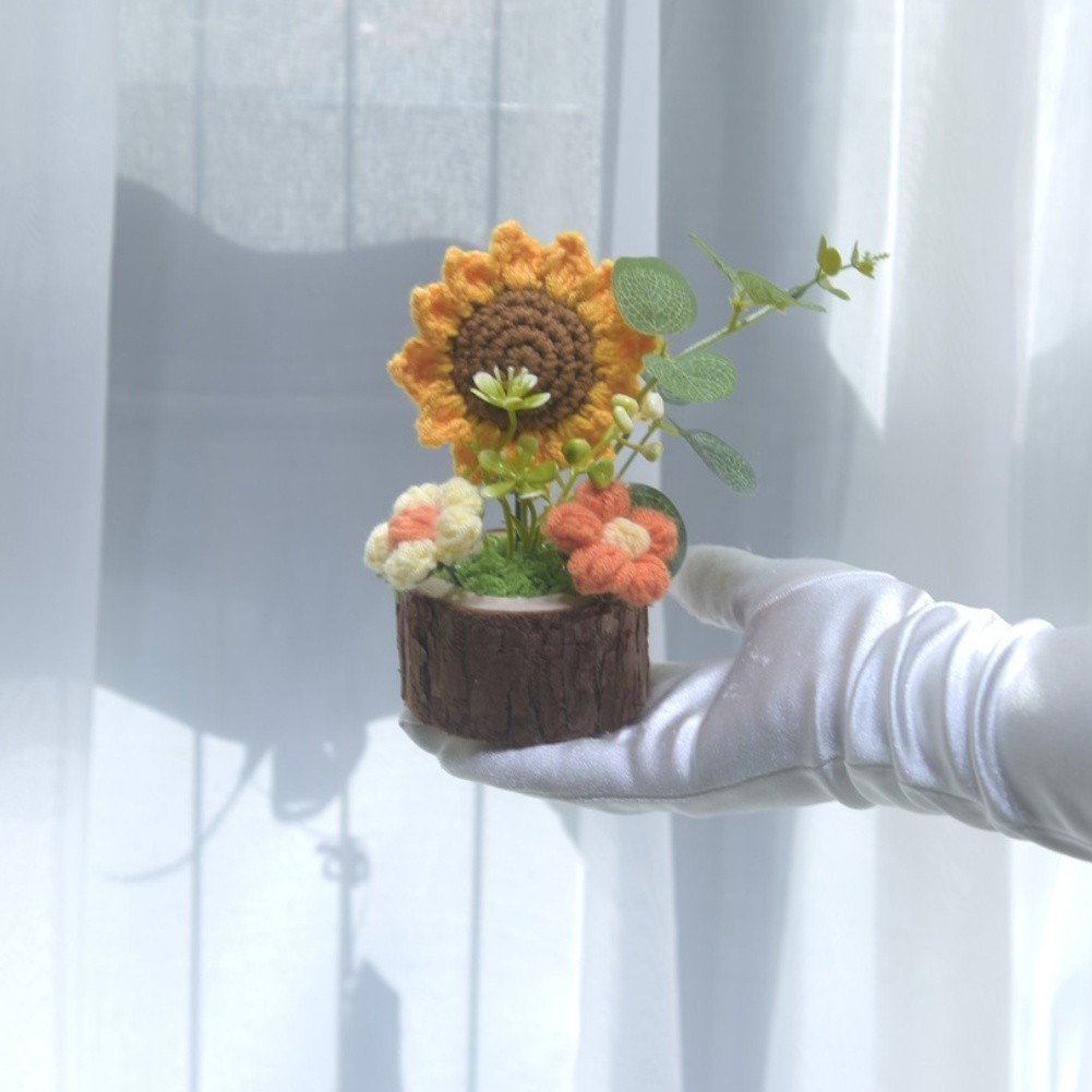 Sunflower Potbouquet Plastic Silk Flower Hand Knitted Home Decor 12x7cm
