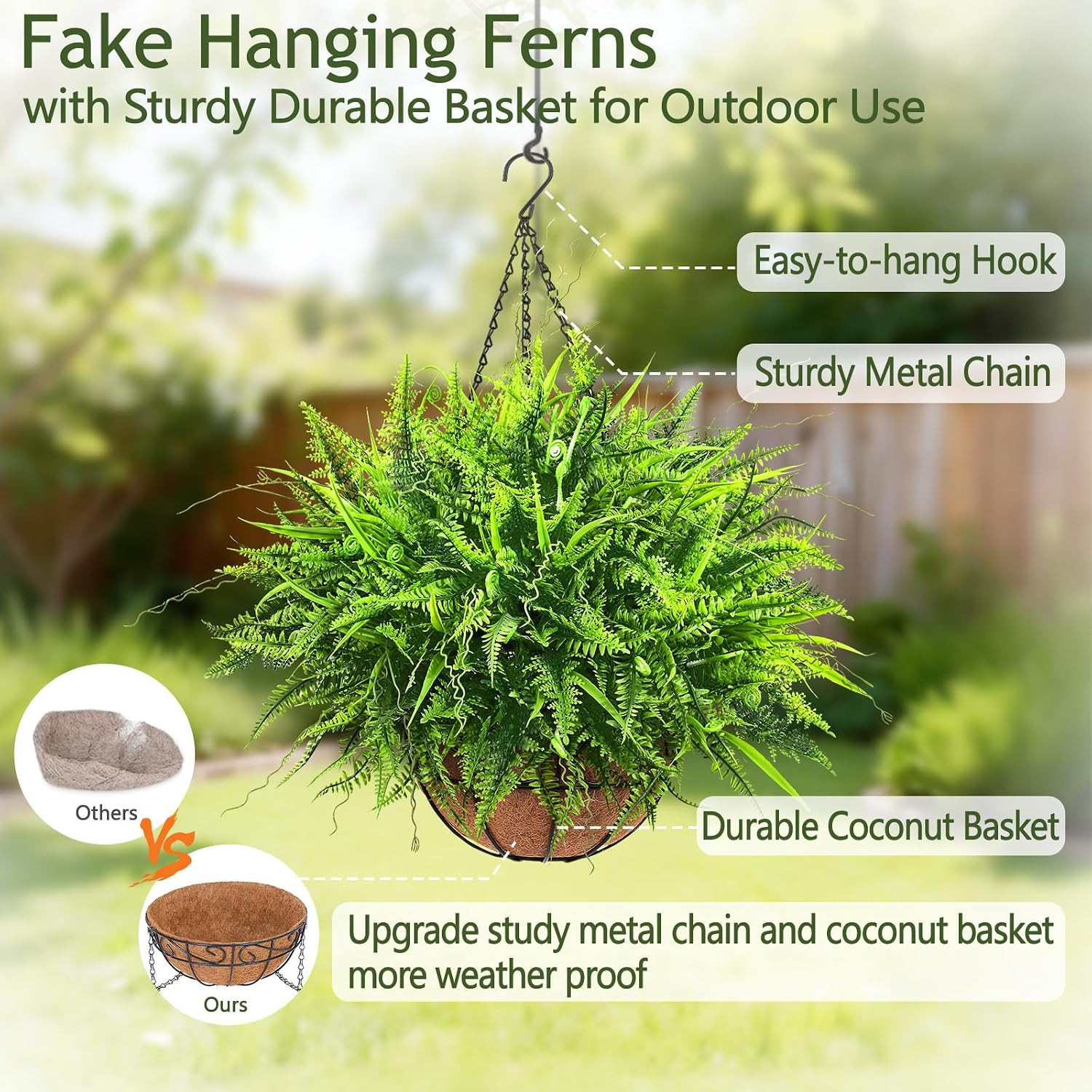 2 Pack Artificial Hanging Ferns for Outdoors, UV Resistant Fake Mixed Ferns with