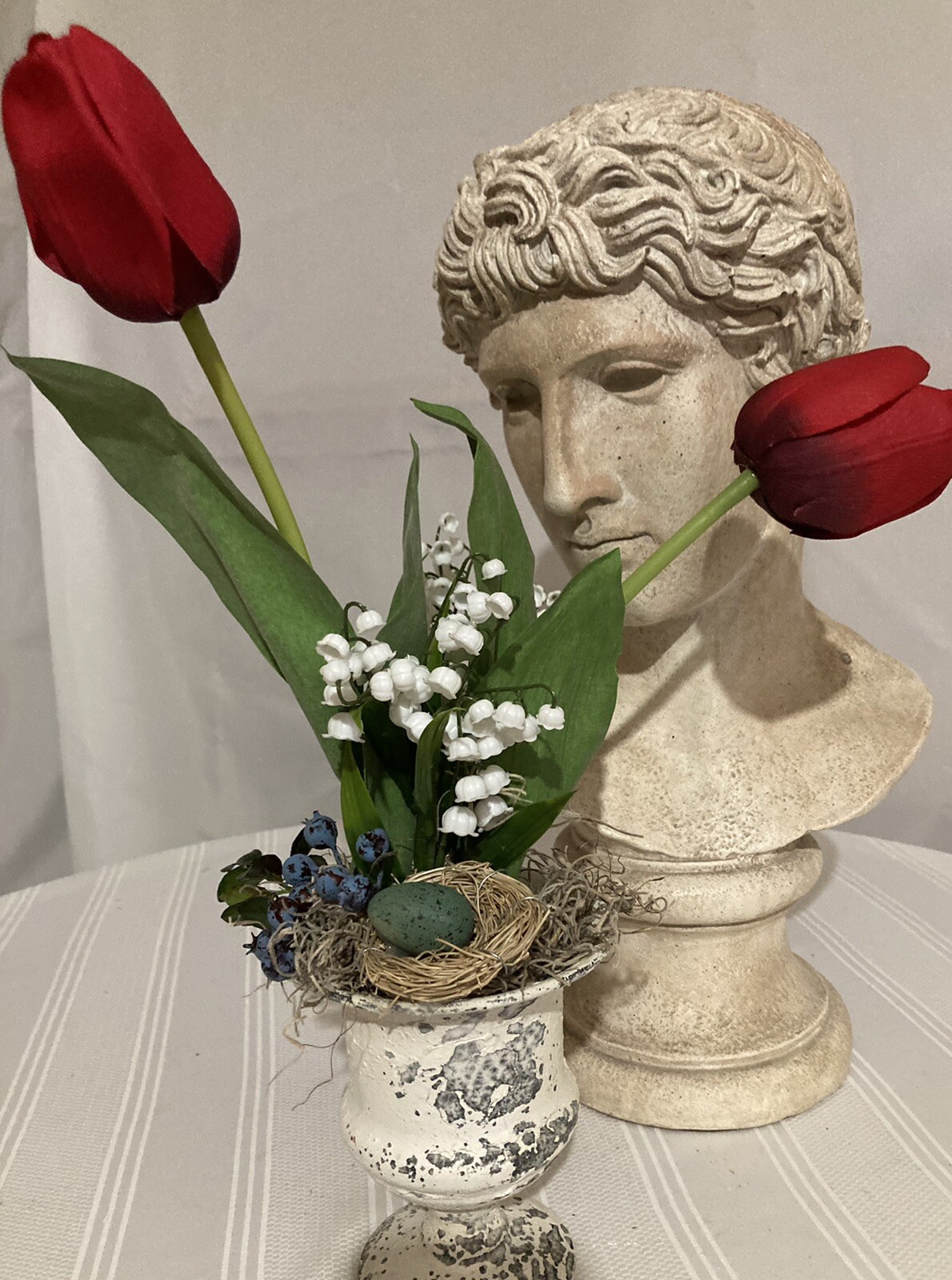 Red Tulips & Lily Of The Valley With Robin’s Nest Arrangement