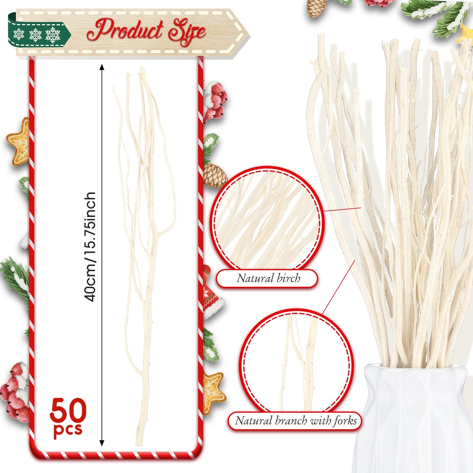 50 PCS Glitter White Curly Willow Branch Decorative Dried Twig 15.75 Inch