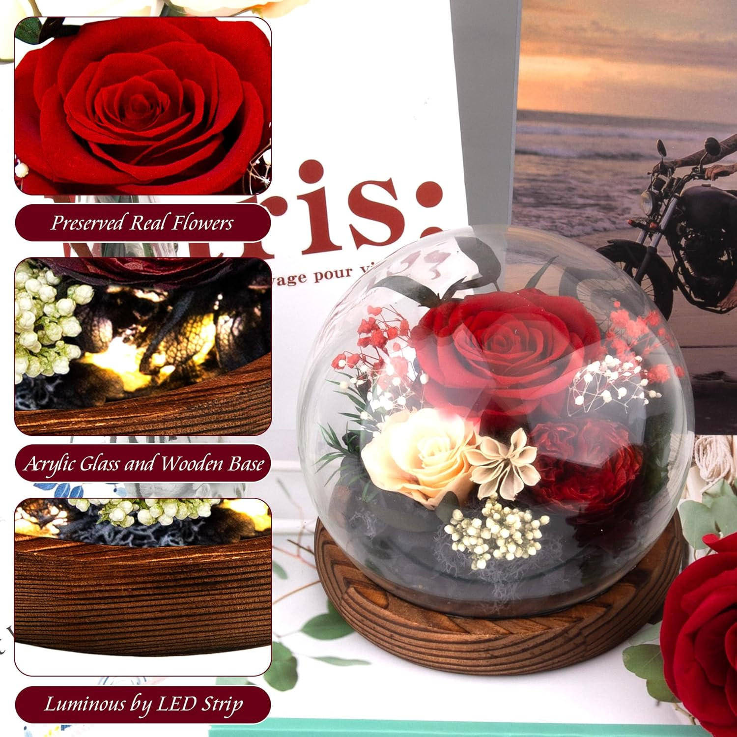 Birthday Gifts for Women Preserved Red Real Rose Flowers in Glass Dome, Forever