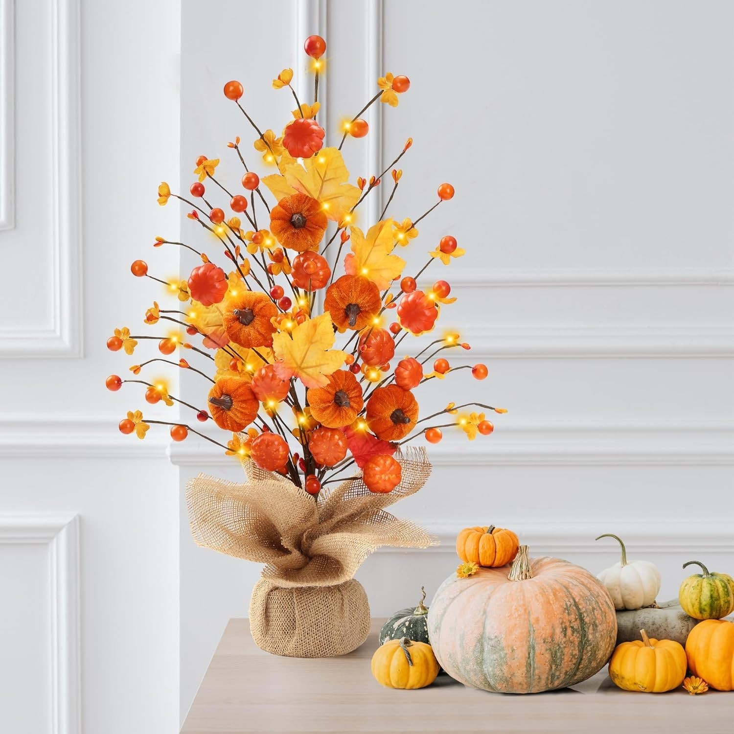 “18”” Lighted Artificial Pumpkin Tree Fall Farmhouse Decorations For Home Table