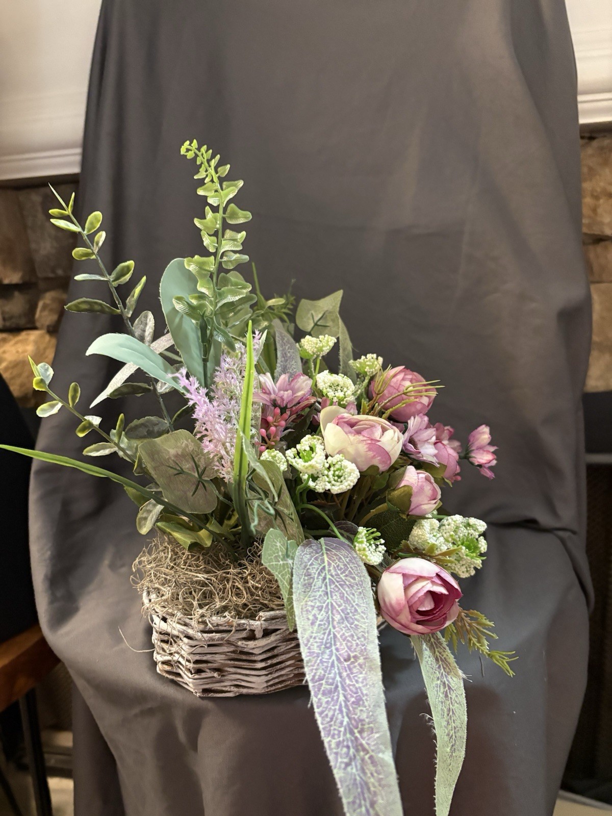 New Handmade Floral Arrangement 15 X 21” Purple Flowers In Heart Basket SKU HW6