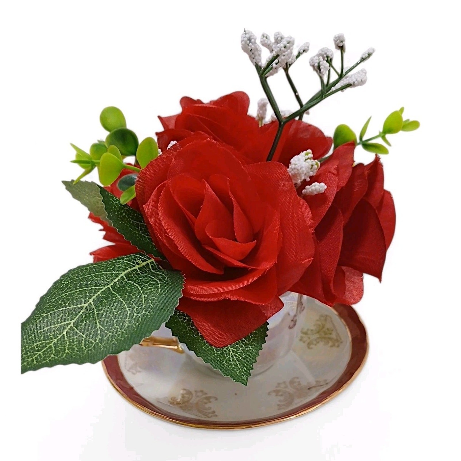 Silk Floral Arrangement Red Roses Leafy Tea Party Cup POP-IN Love Romantic Gift