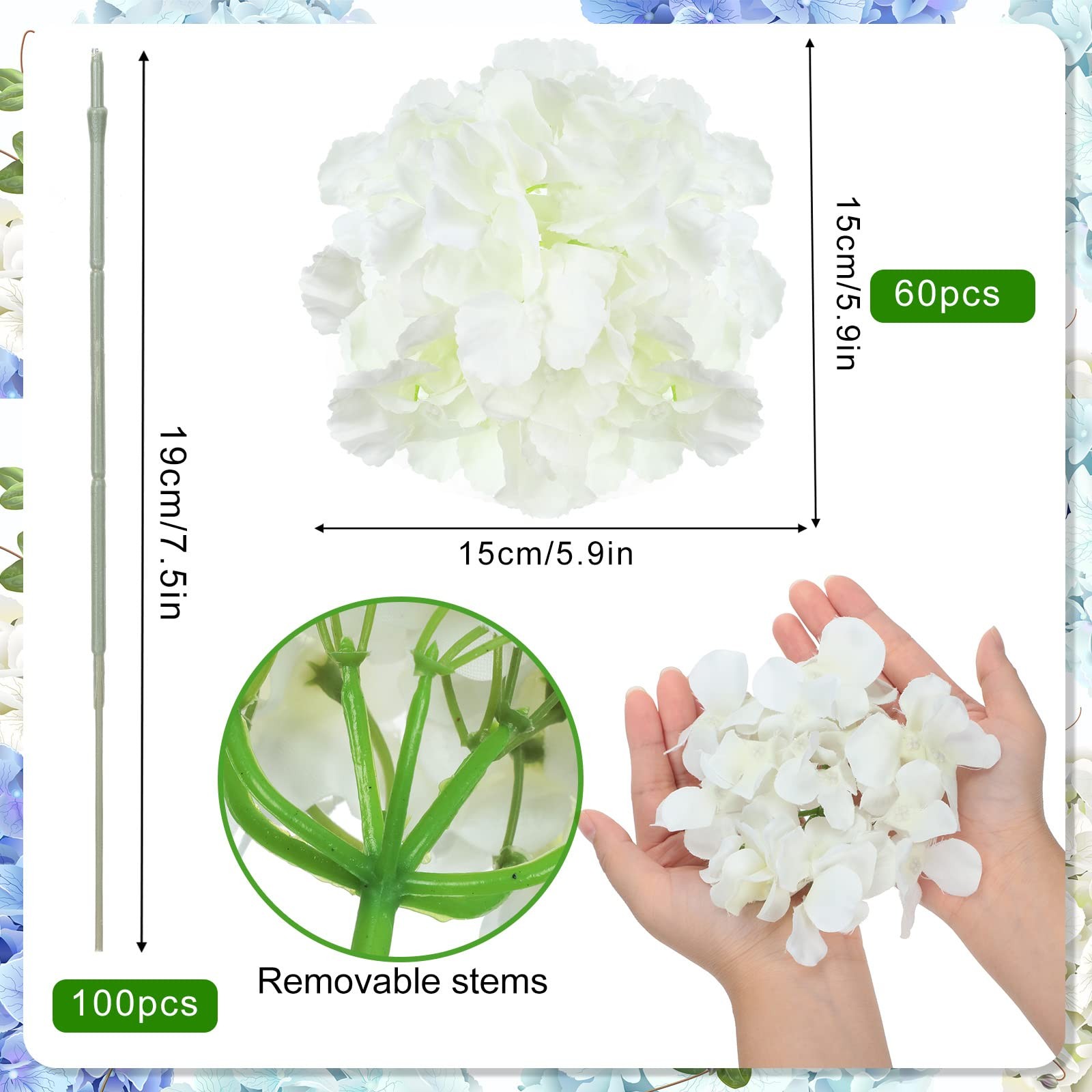 Janinka 60 Pieces Silk White Hydrangea Artificial Flowers Heads Full Hydrange…