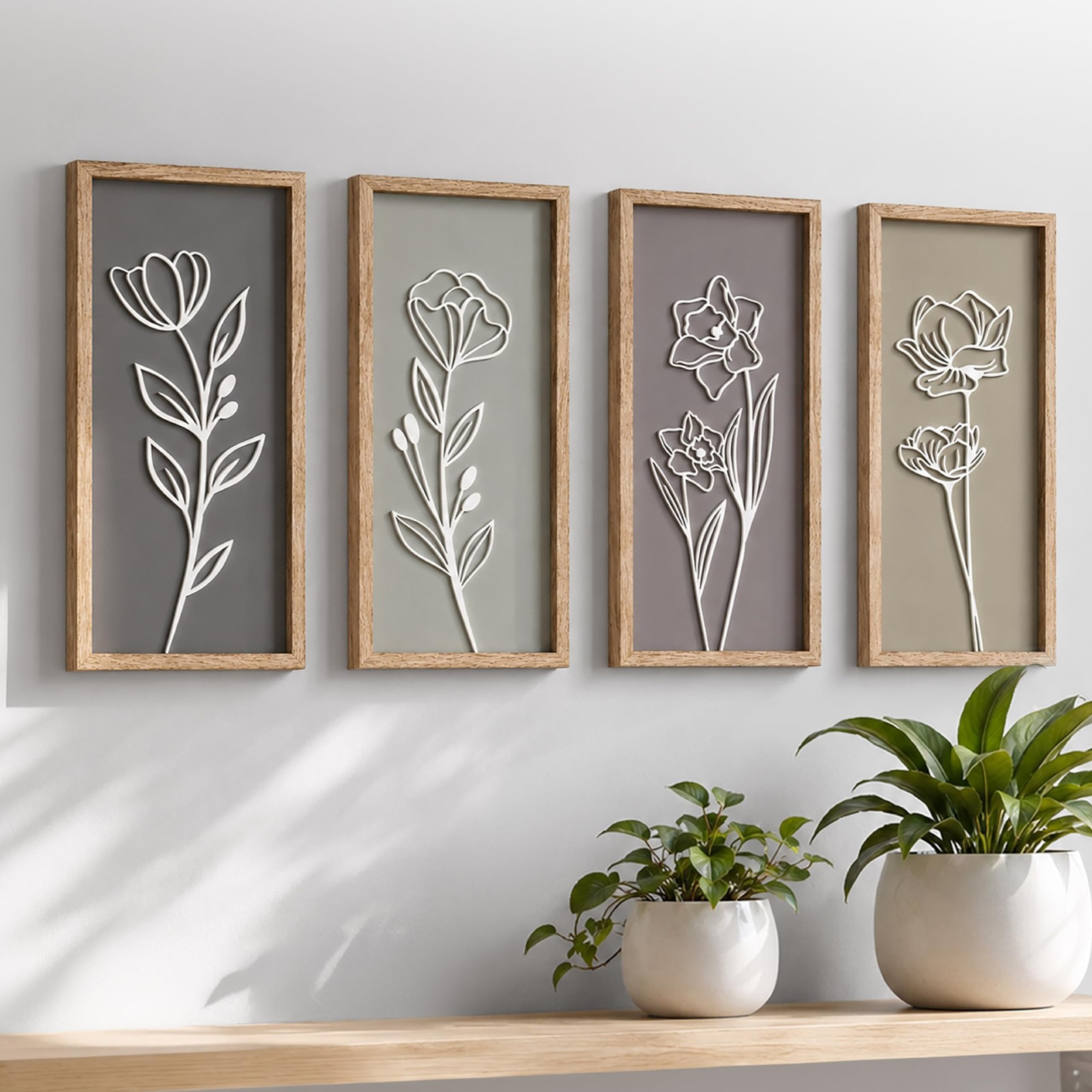 3D Wooden Floral Bathroom Wall Decor (Set of 4) 7″ x 16″, Naturals