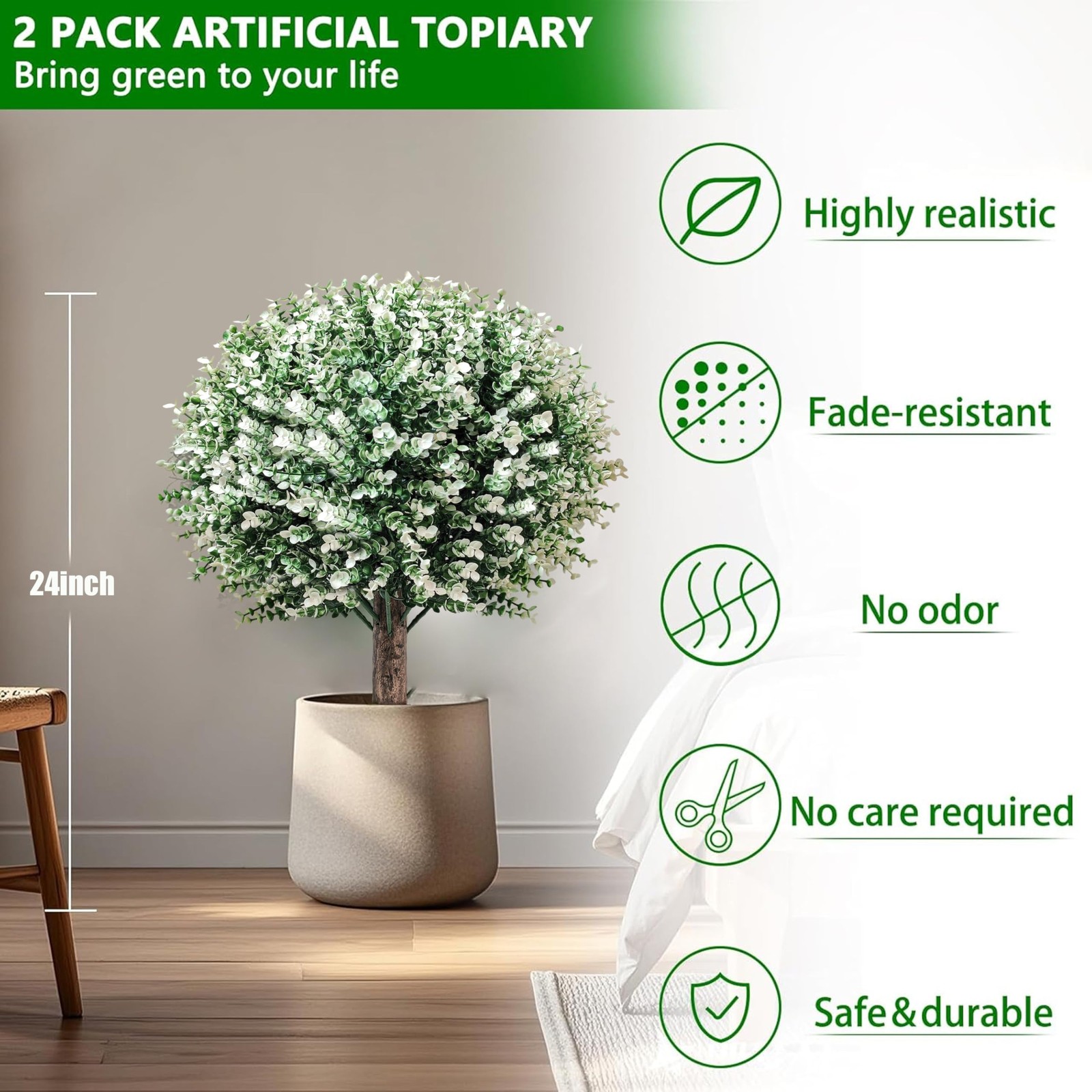 2PCS Artificial Boxwood Topiary Ball Tree, 24″ Artificial Plants Outdoor with…