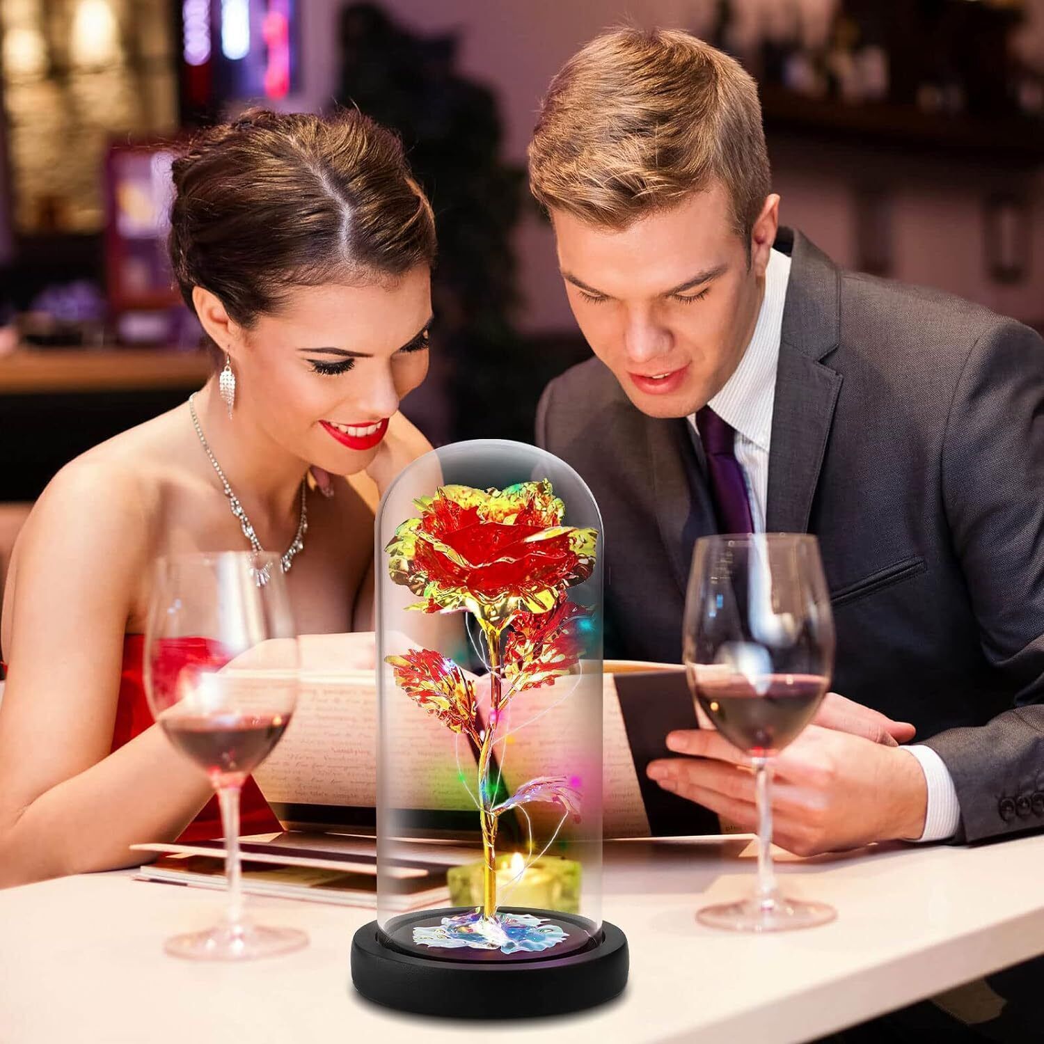 Romantic Rose Flower In Dome Glass LED Night Light Anniversaries Valentines Gift