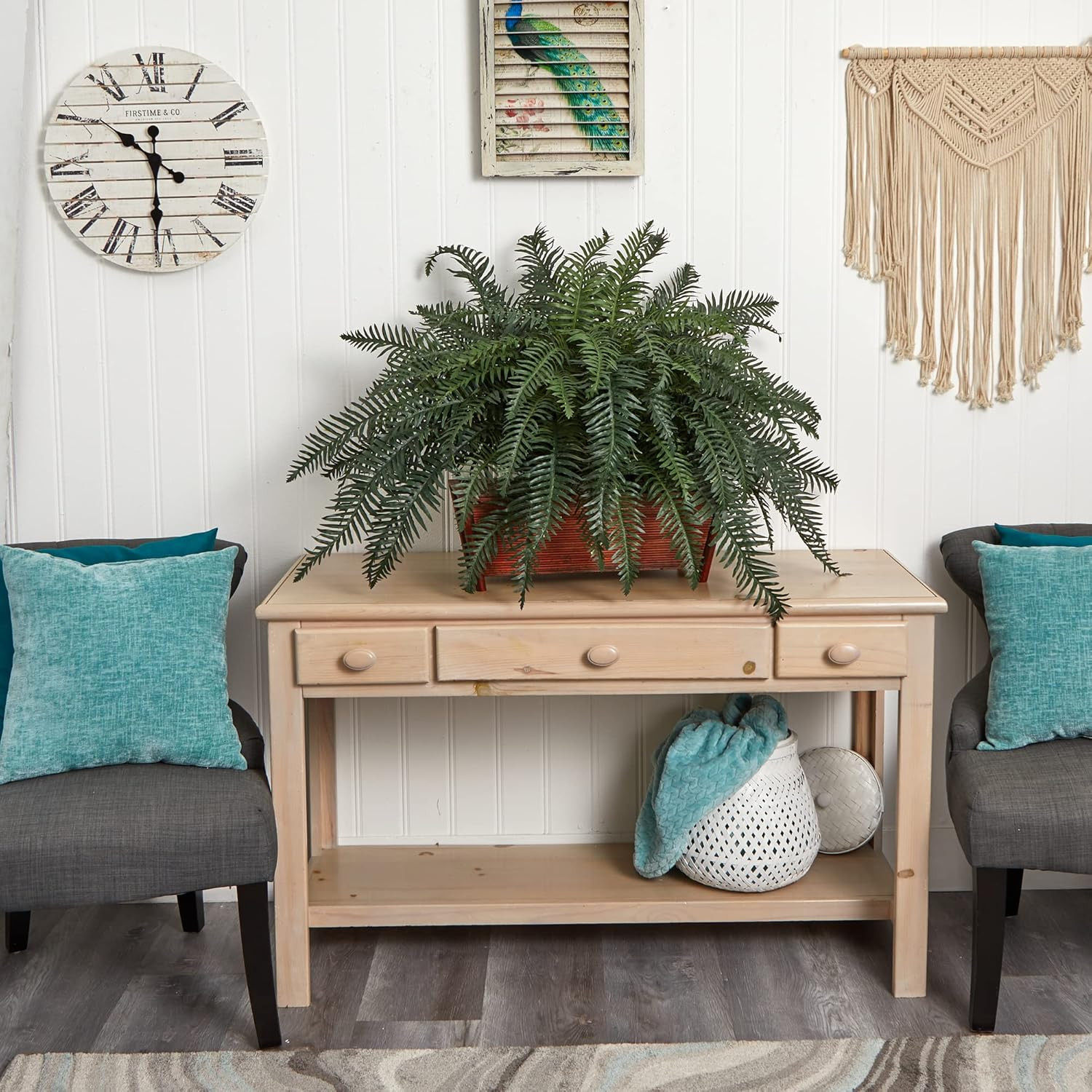 Lifelike River Fern in Rustic Wood Planter – Perfect Home Decor Accent