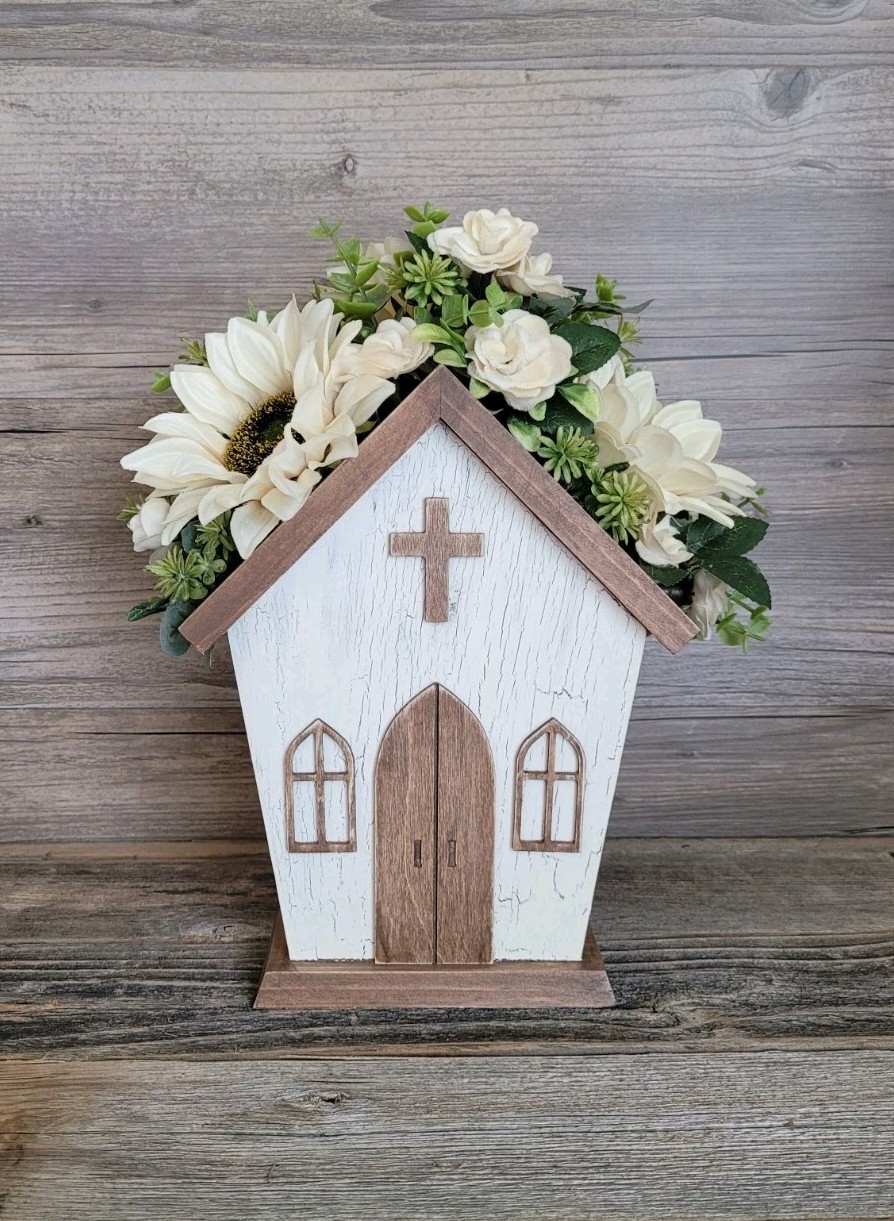 Faux Flower Arrangement Church Wood Box Decor