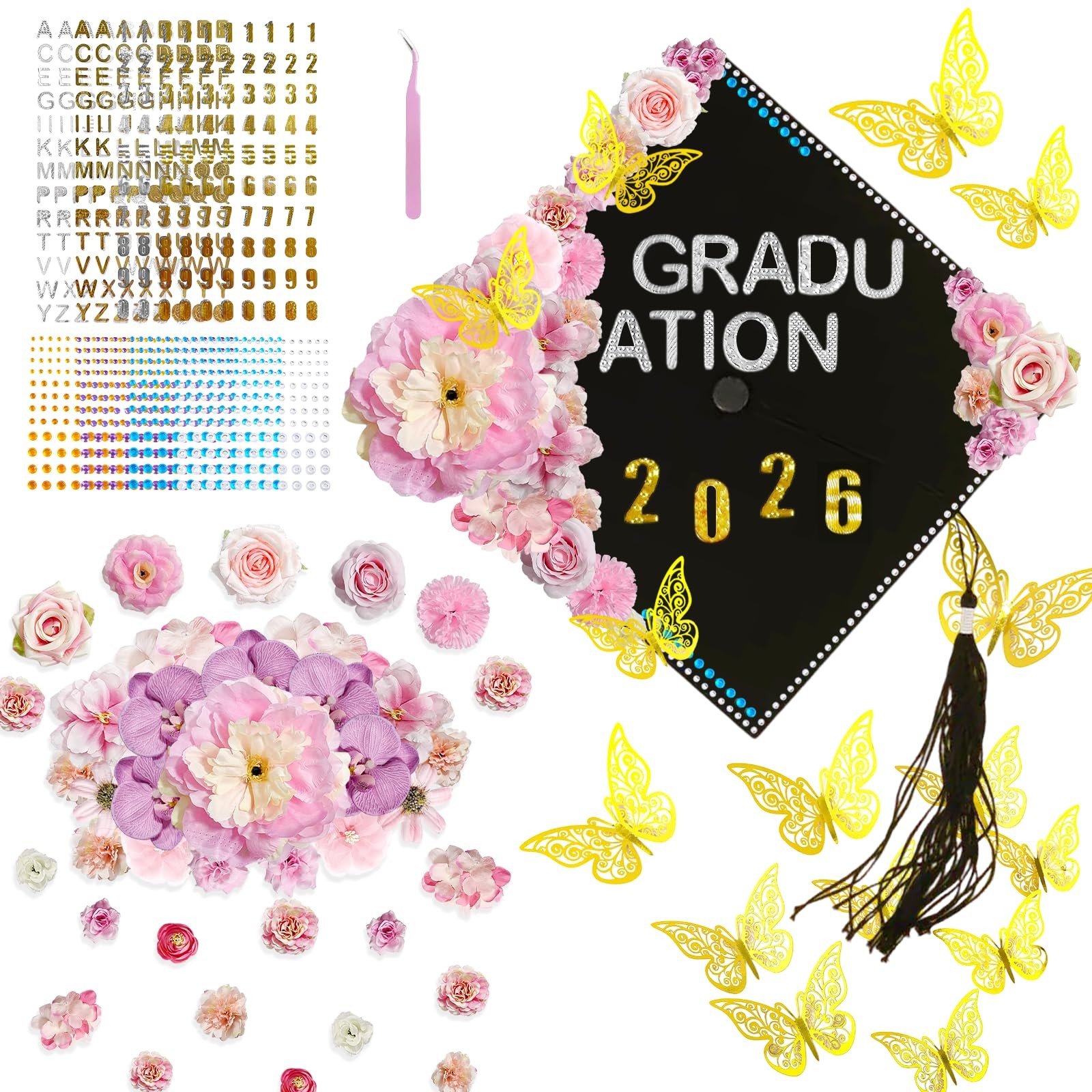 DIY Graduation Cap Decorating Kit with Flowers, Stickers, and Rhinestones