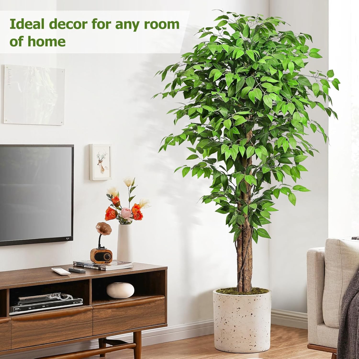 6.2ft Ficus Artificial Trees W/ 3 Natural Curved Trunks 74″ Tall Lush Faux Tree