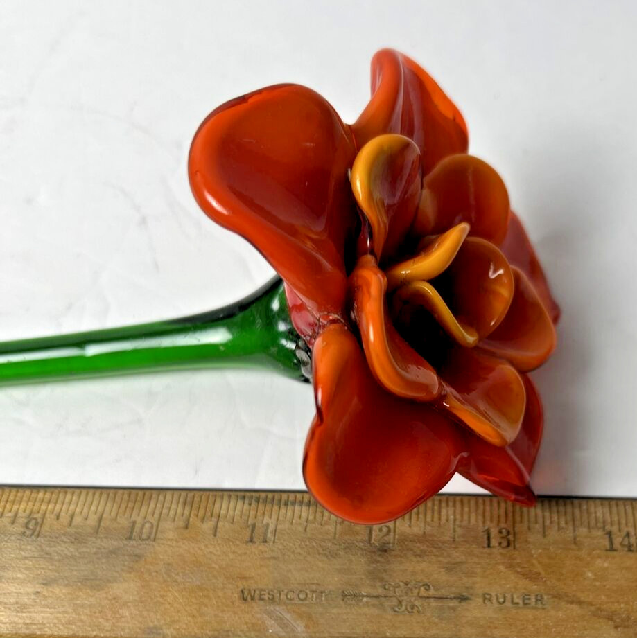 Vintage Handblown Glass Orange Rose Long Green Stem Budding Flower 13″ Stem Chip
